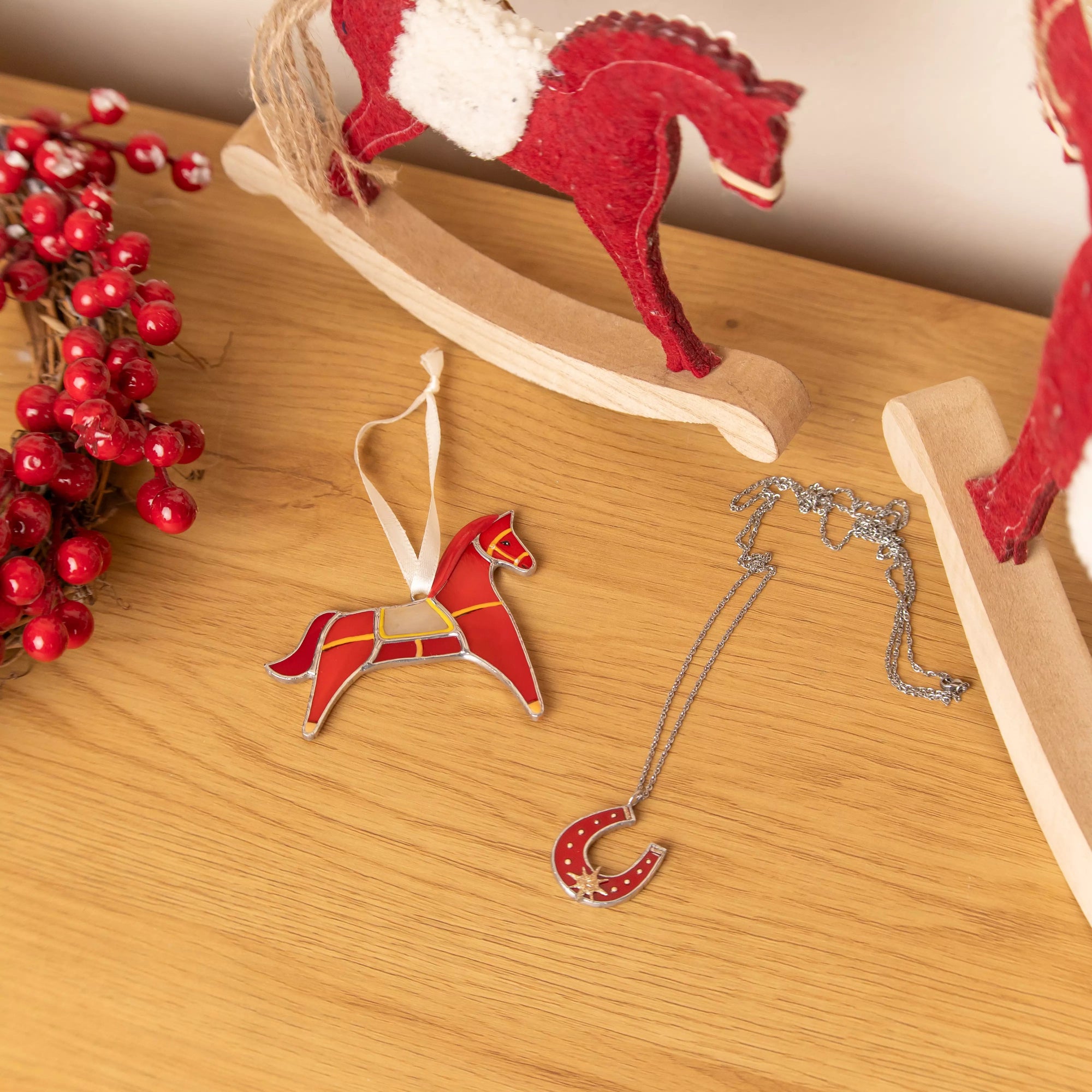 Christmas stained glass suncatcher and necklace featuring red horse and horseshoe