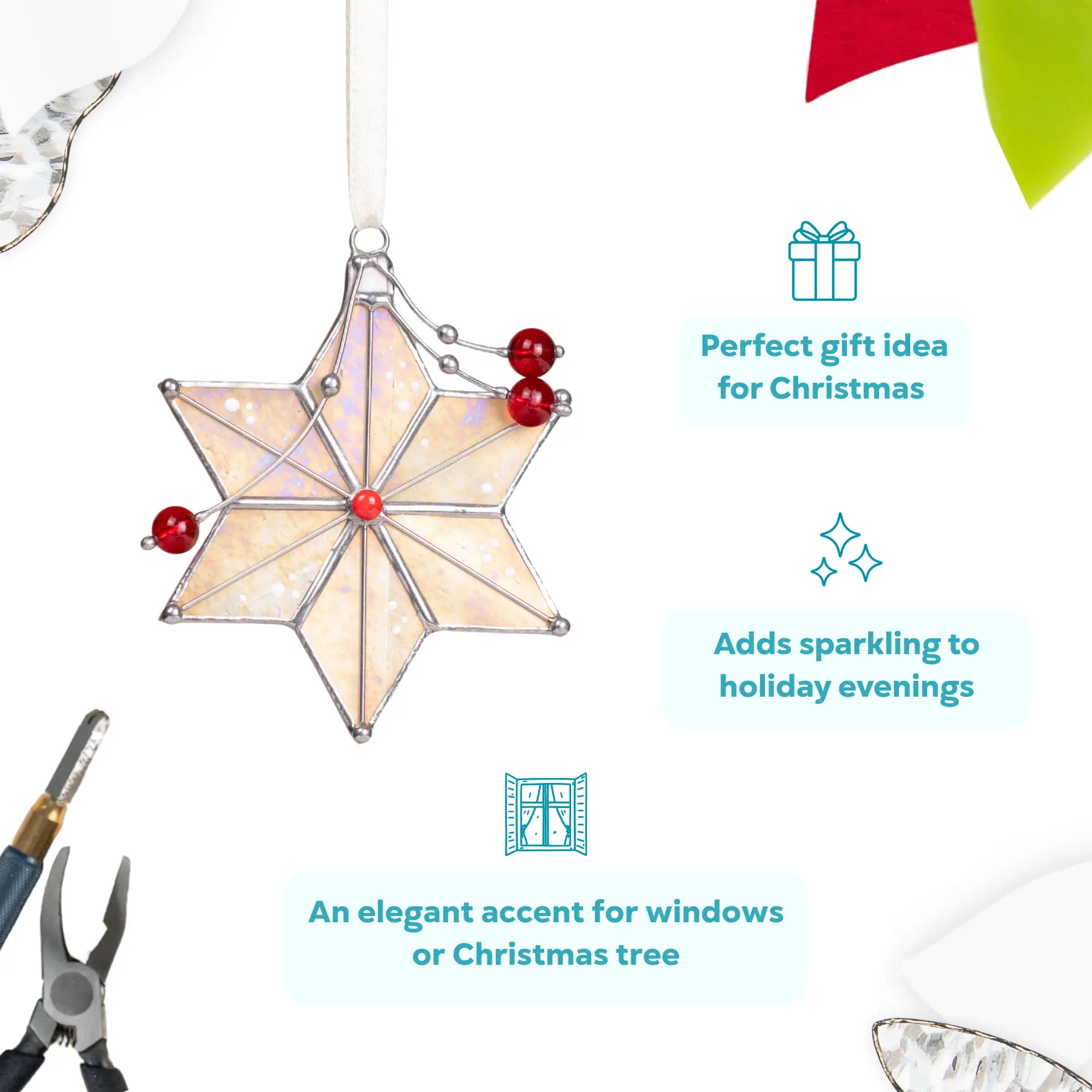 Infographic showing a stained glass star with red beads, ideal for holiday gift giving