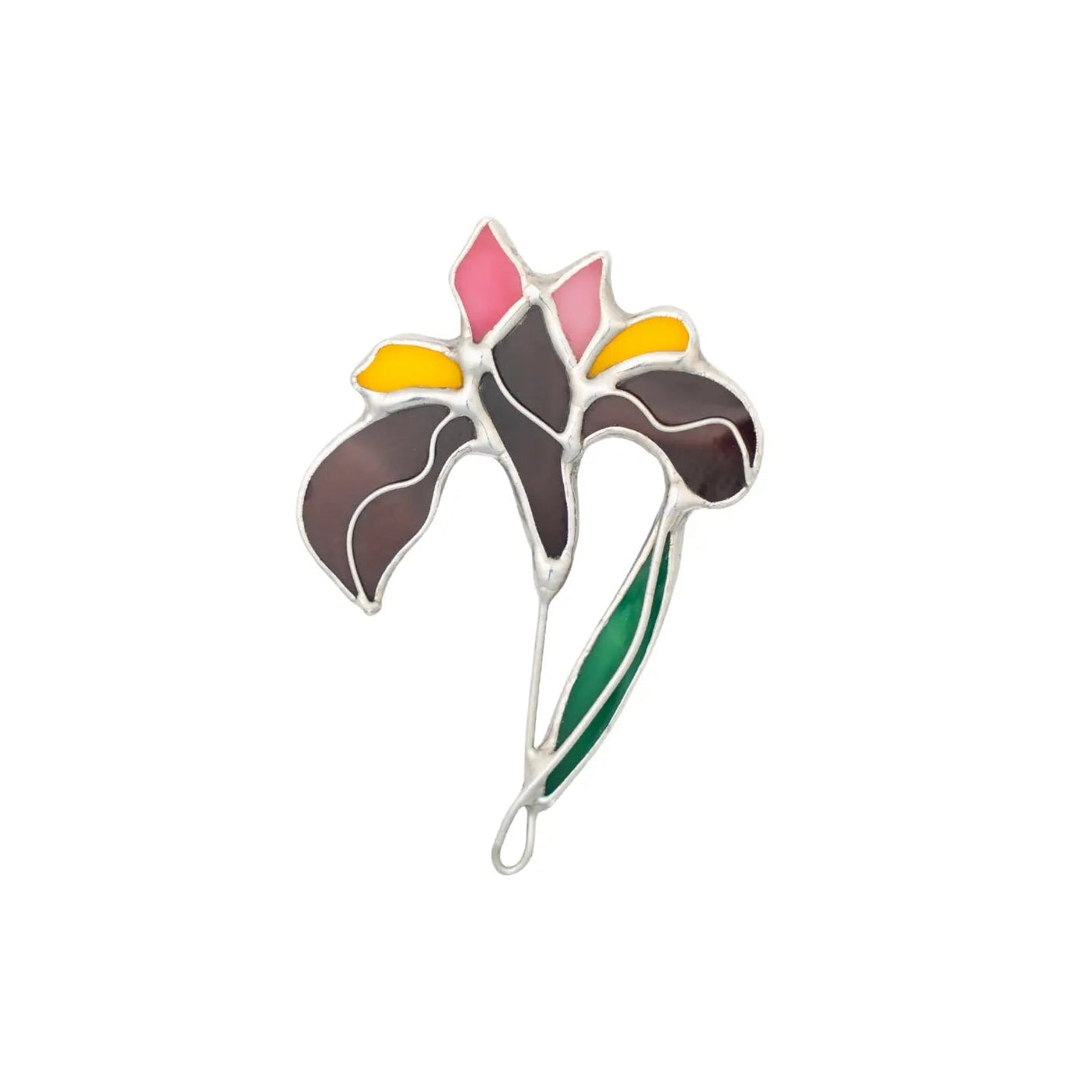 Colorful iris stained glass brooch with floral design on a white background