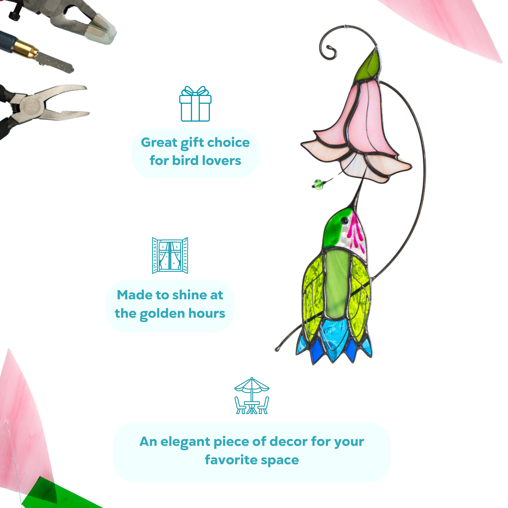 Infographic showing a stained glass hummingbird and flower, described as a great gift for bird lovers and golden hour decor.