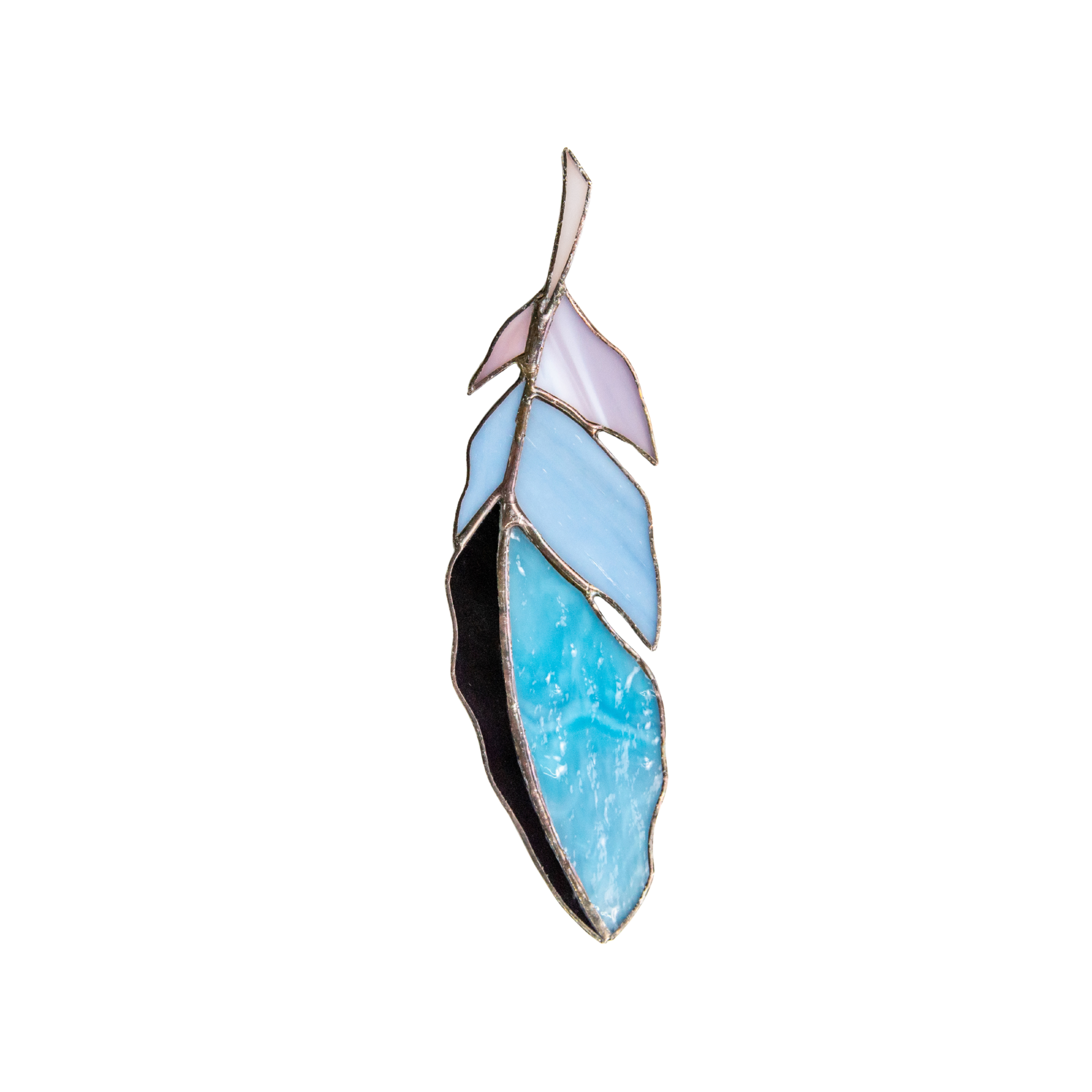 A multicolored stained glass feather with flowing lines in soft turquoise, purple, and blush hues, styled as a suncatcher.