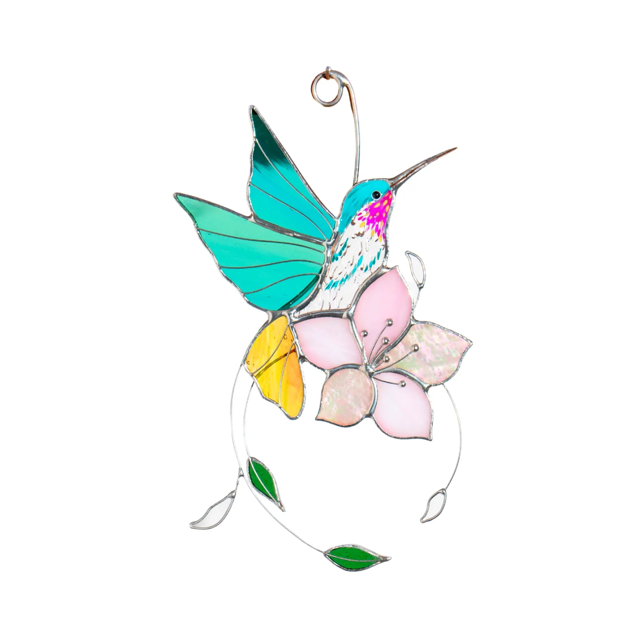 Colorful stained glass hummingbird and butterfly decoration on a white background