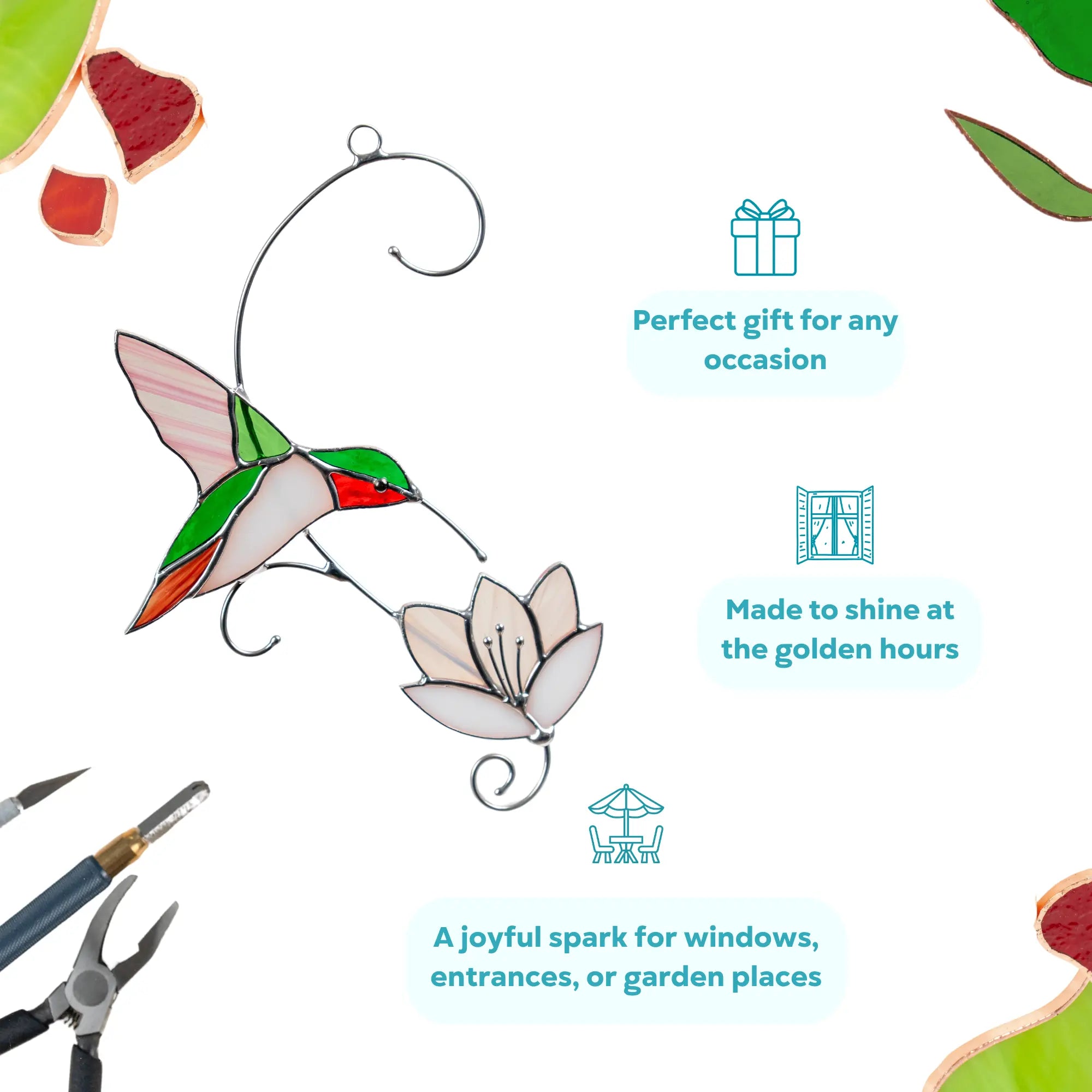 Stained glass hummingbird suncatcher as a perfect gift, golden hour sparkle, joyful décor for windows or gardens.