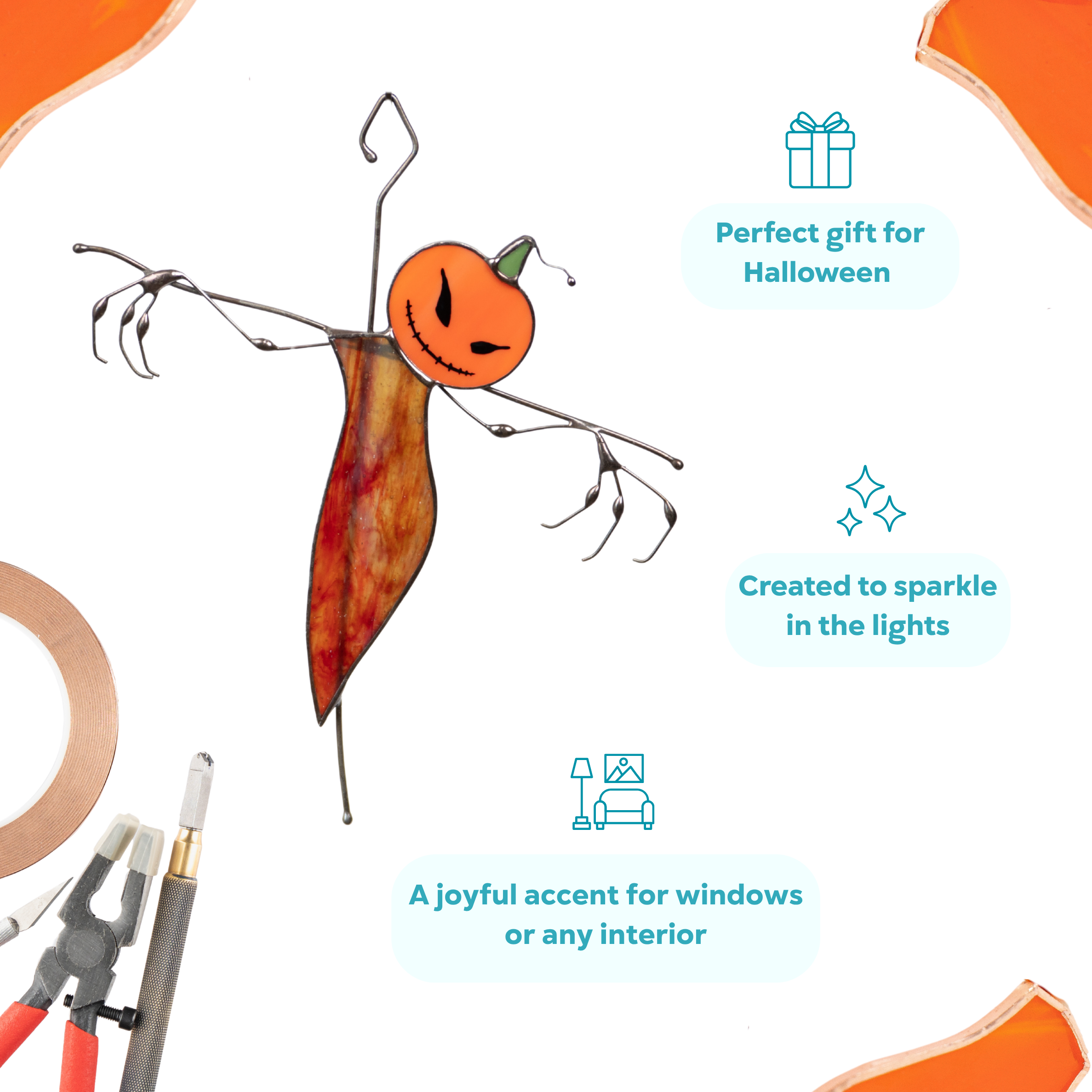 Stained glass scarecrow with a vivid orange pumpkin head and bright red body is a perfect gift for Hаlloween.