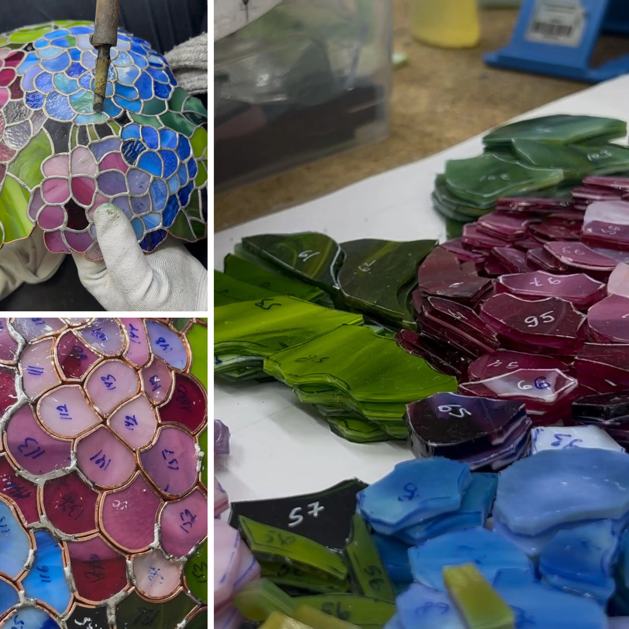Process of making floral stained glass lamp with pink, blue, and green glass petals.
