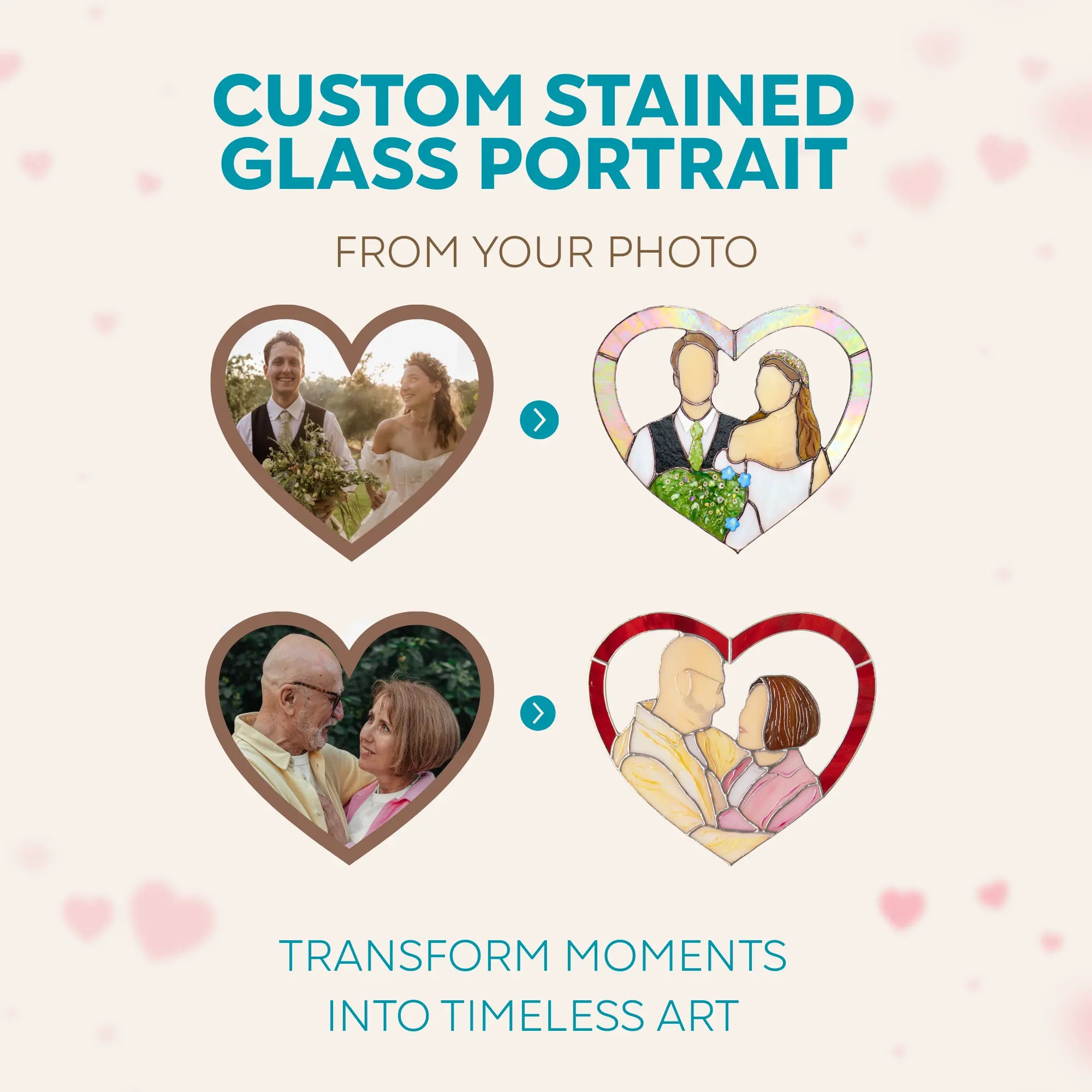 Custom stained glass portraits with heart-shaped frames of people made by photo, on a light pink background.