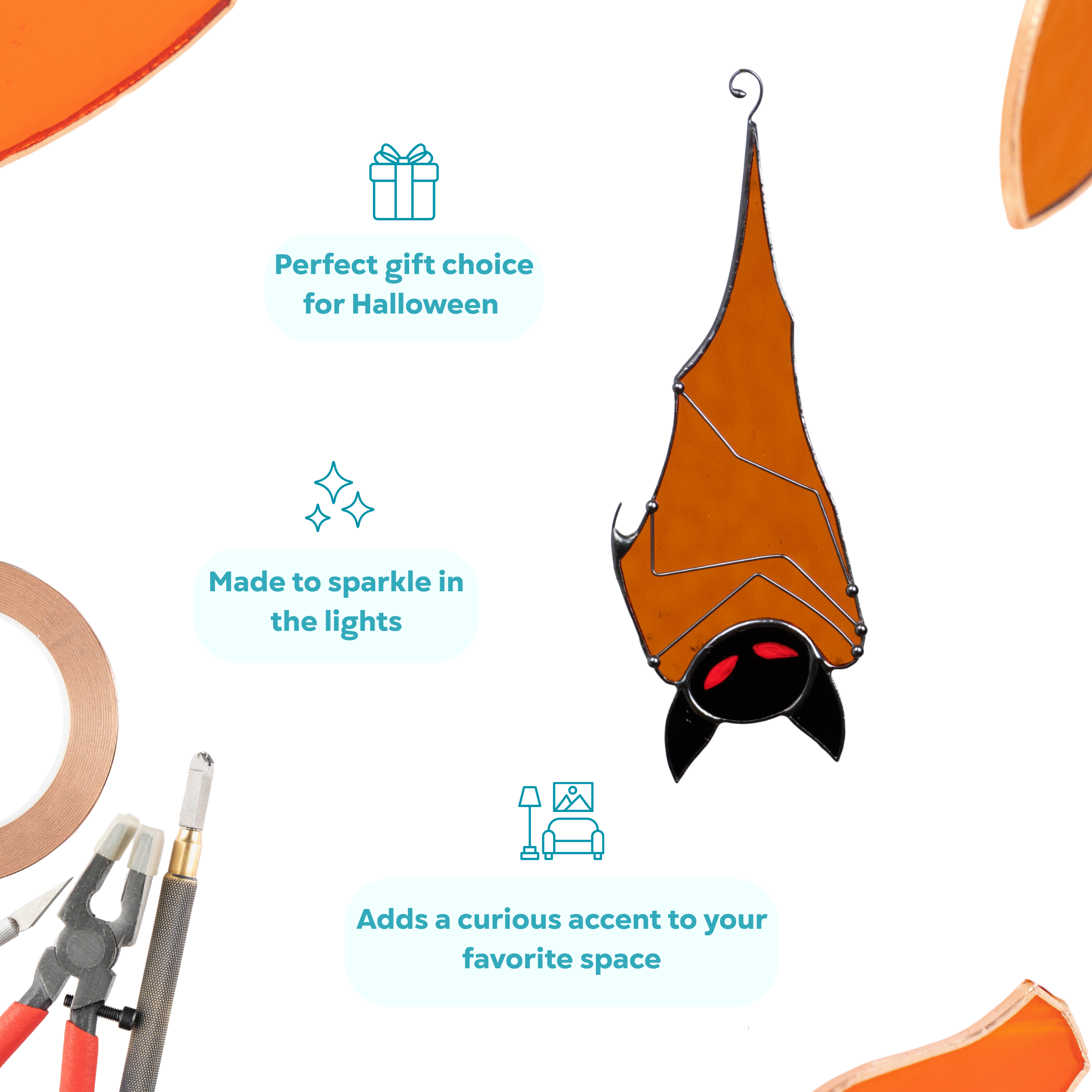 Infographic featuring orange stained glass bat with notes on gifting and sparkle in light.