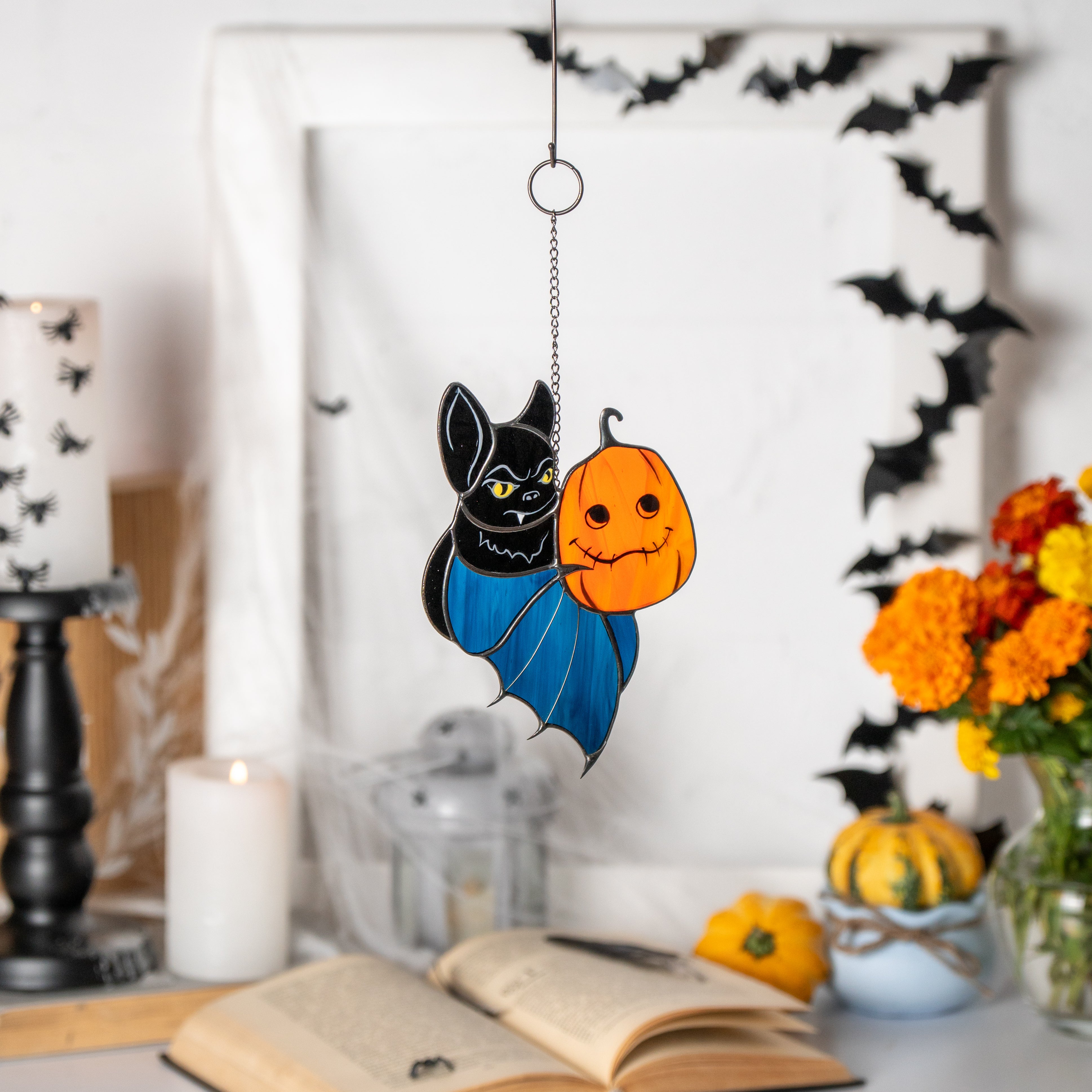 Bat with a Pumpkin - Stained Glass Suncatcher