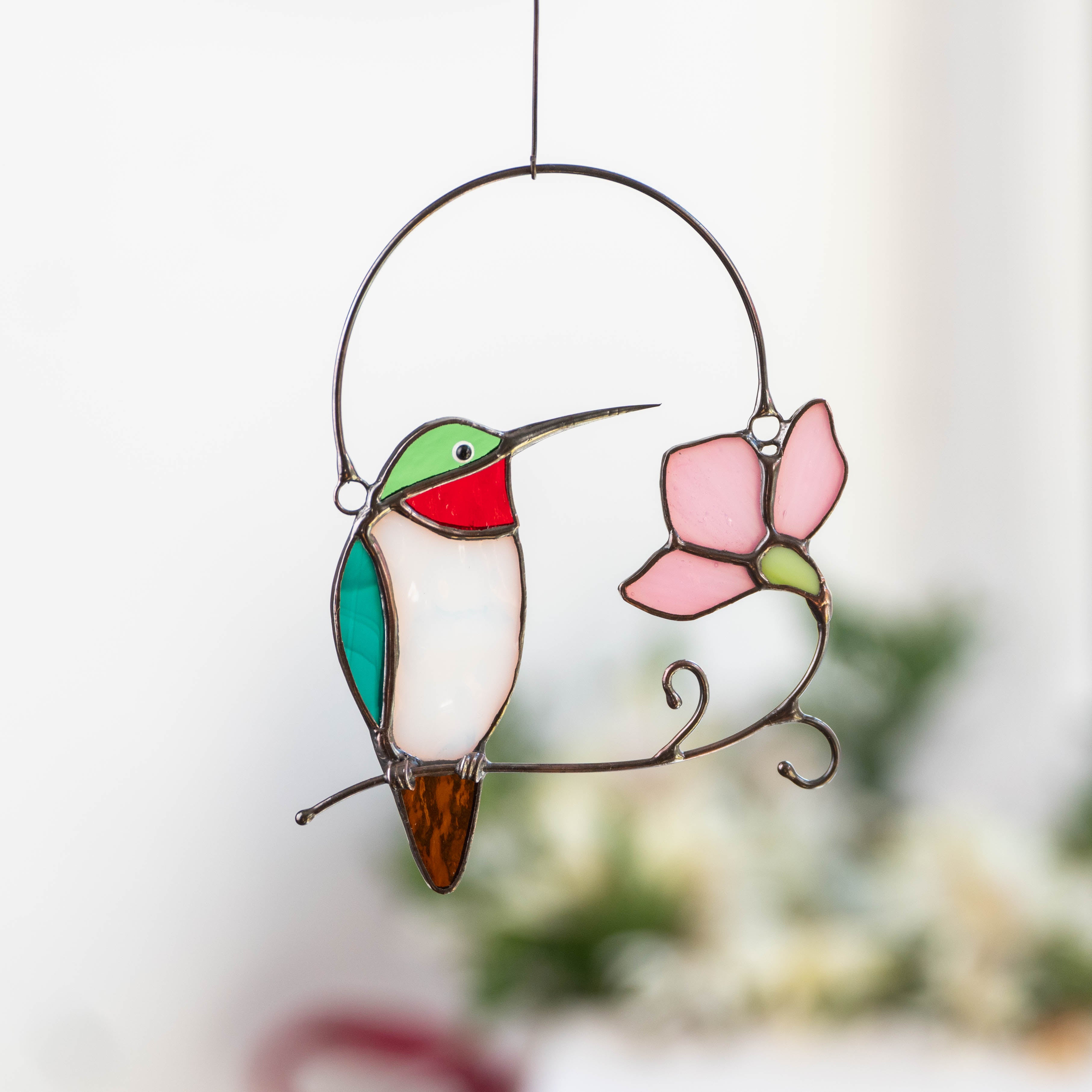 Hummingbird on a Branch with Flower - Stained Glass Suncatcher