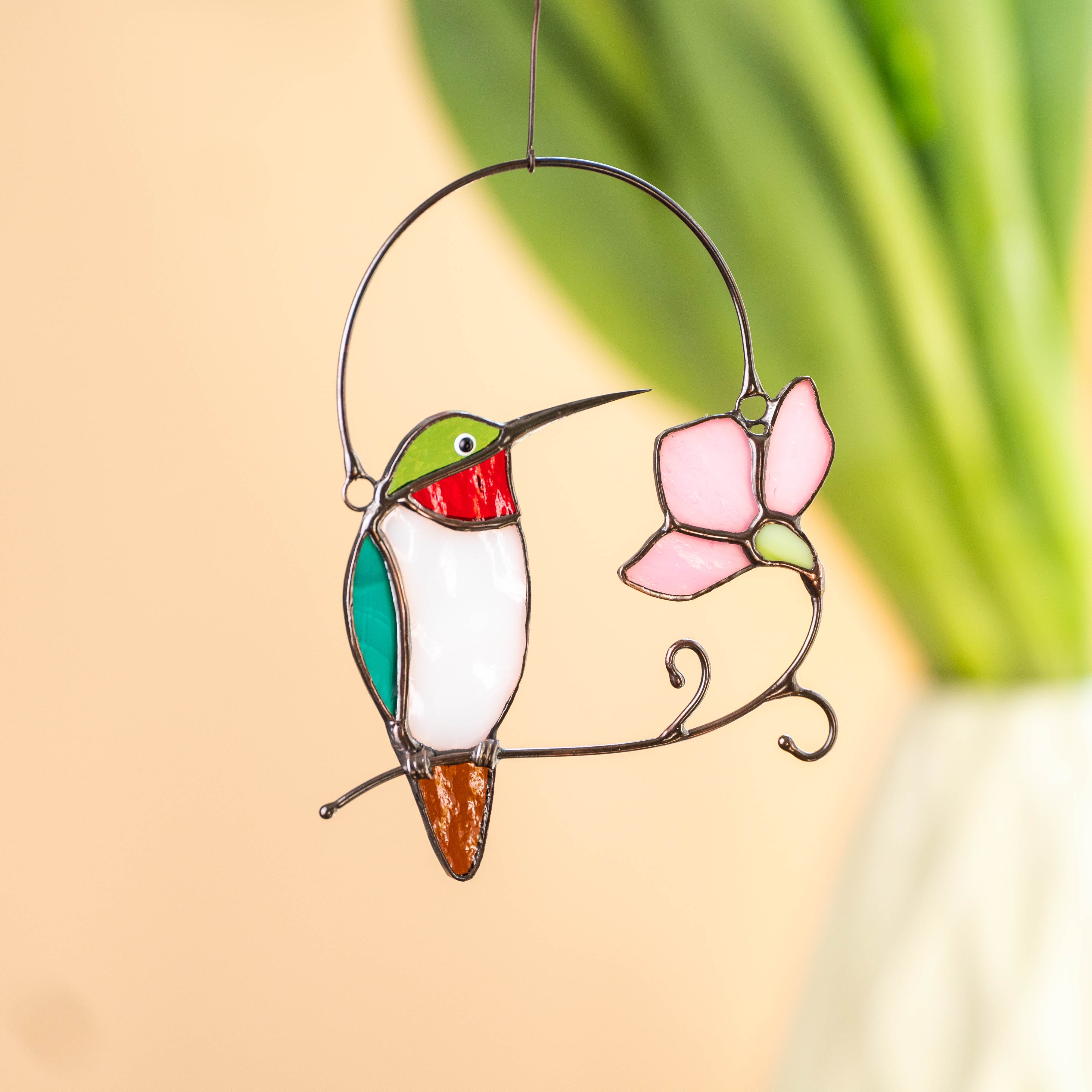 Hummingbird on a Branch with Flower - Stained Glass Suncatcher