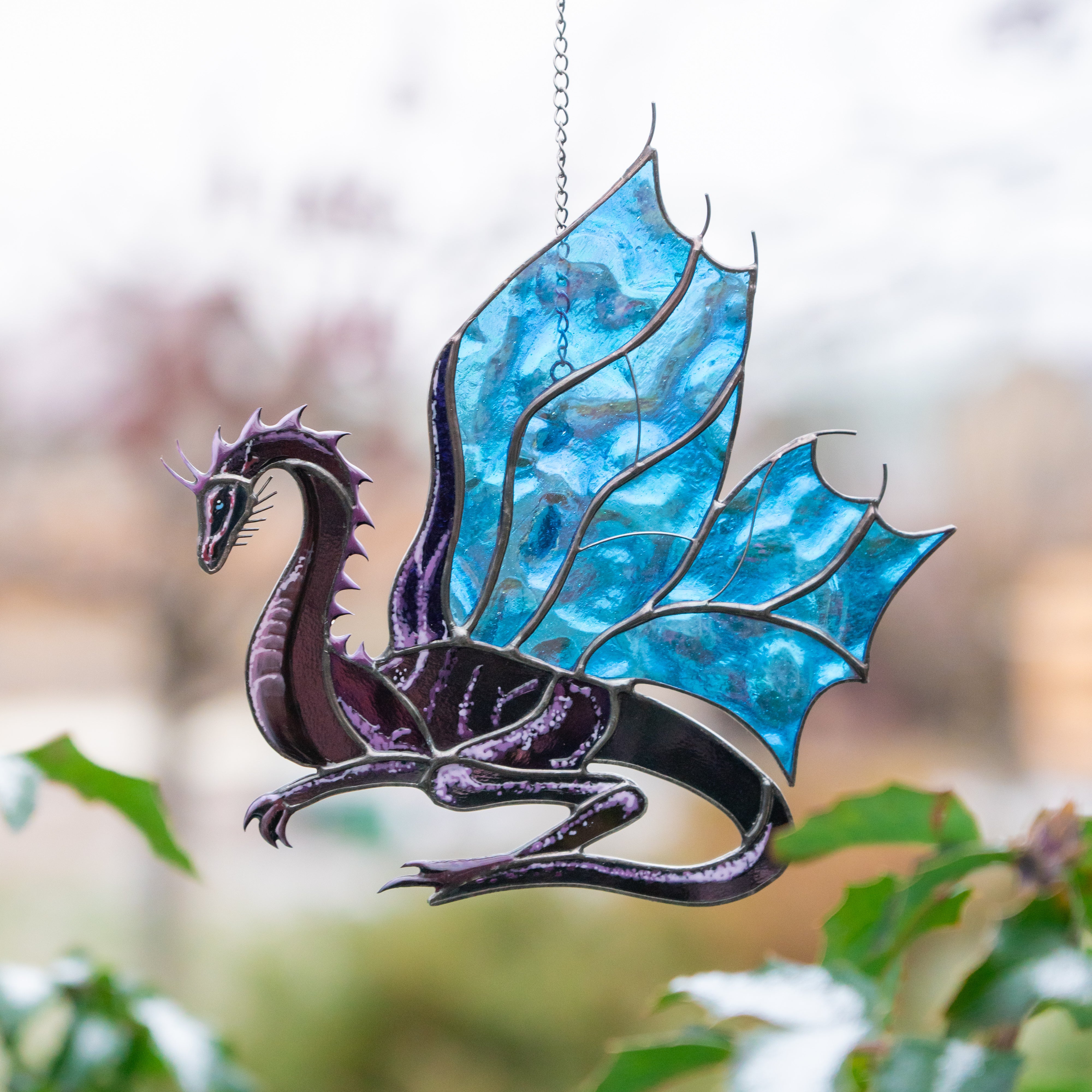 purple dragon stained glass decor for window