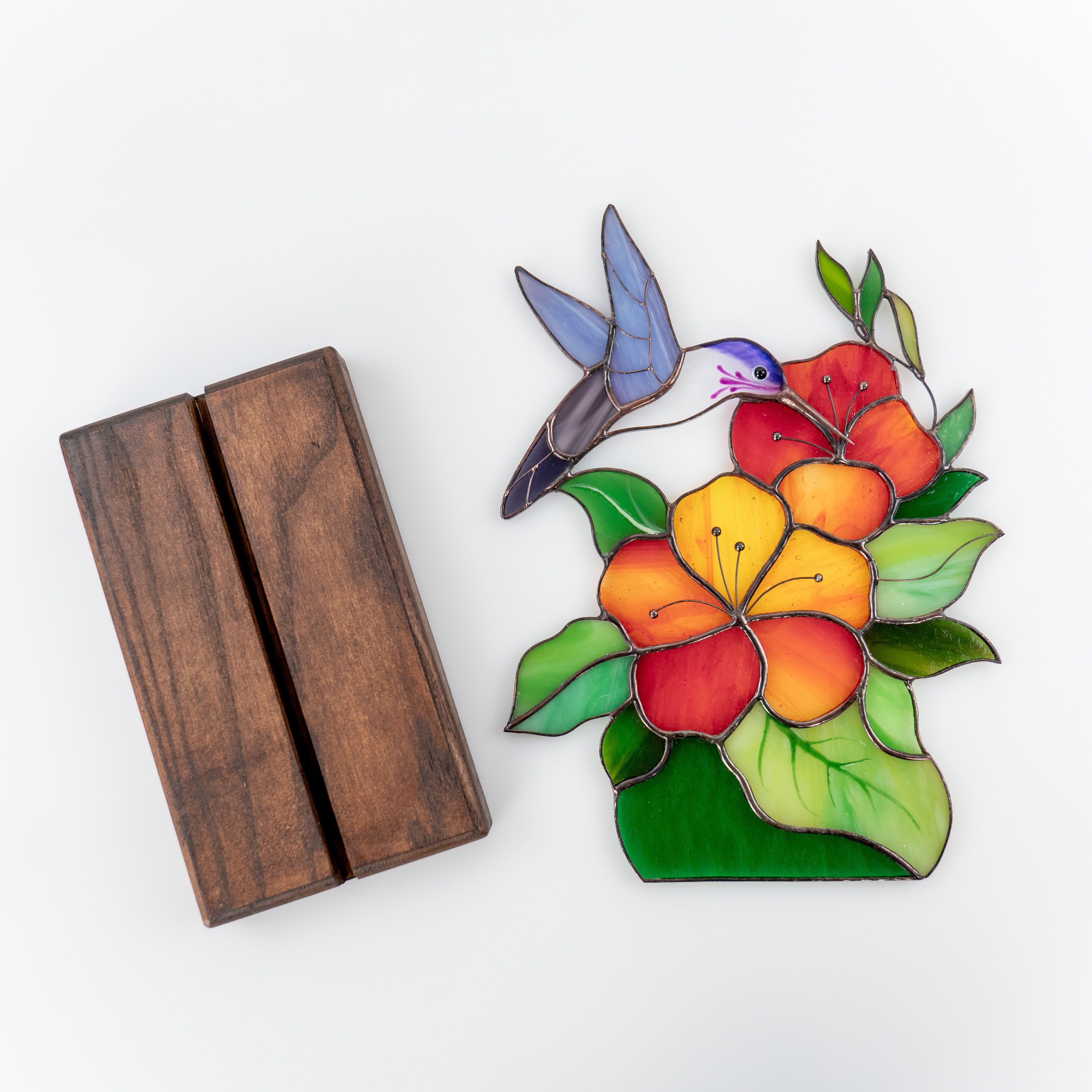 Hummingbird with Flowers on a Wooden Base - Stained Glass Panel