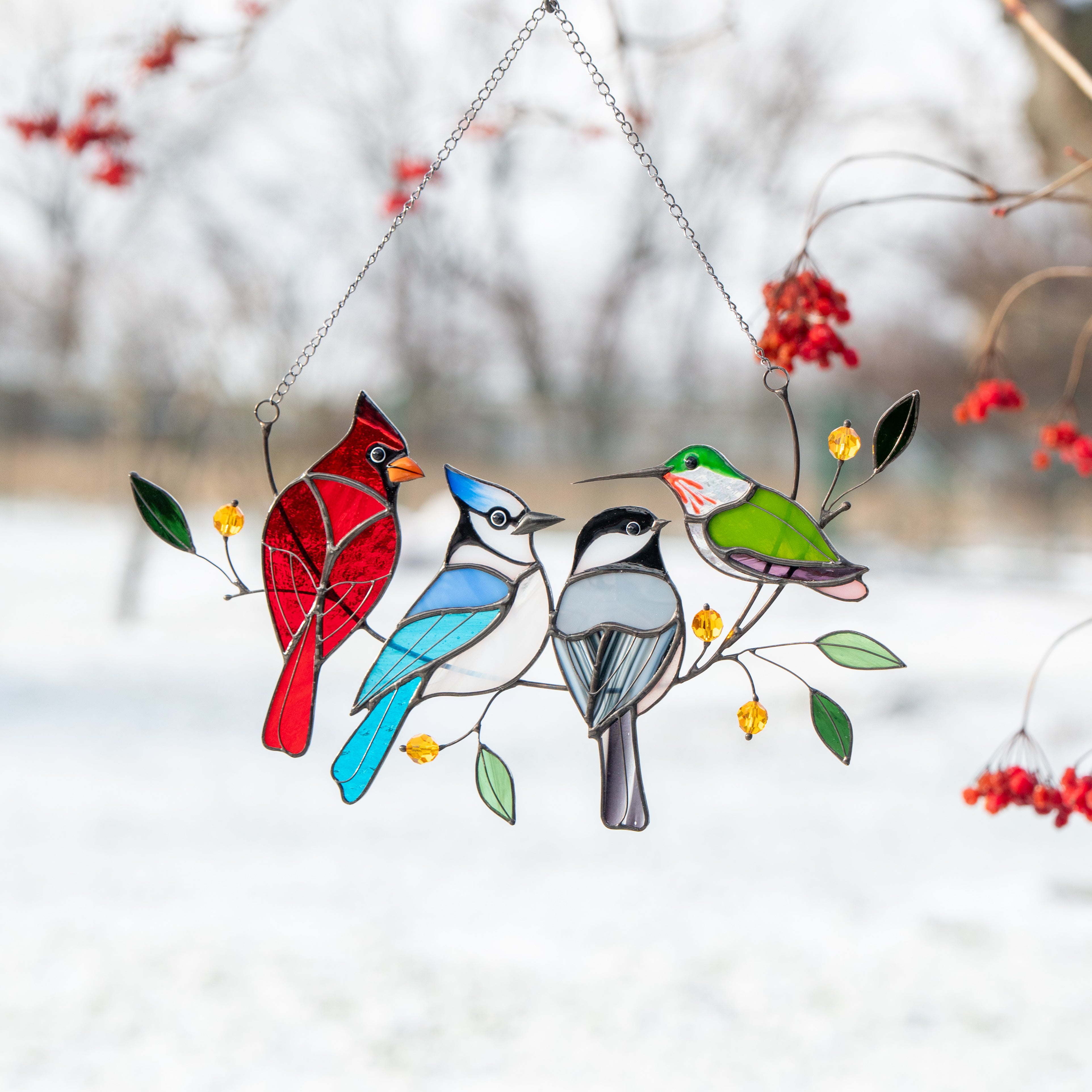 Four Birds on a Branch - Stained Glass Suncatcher