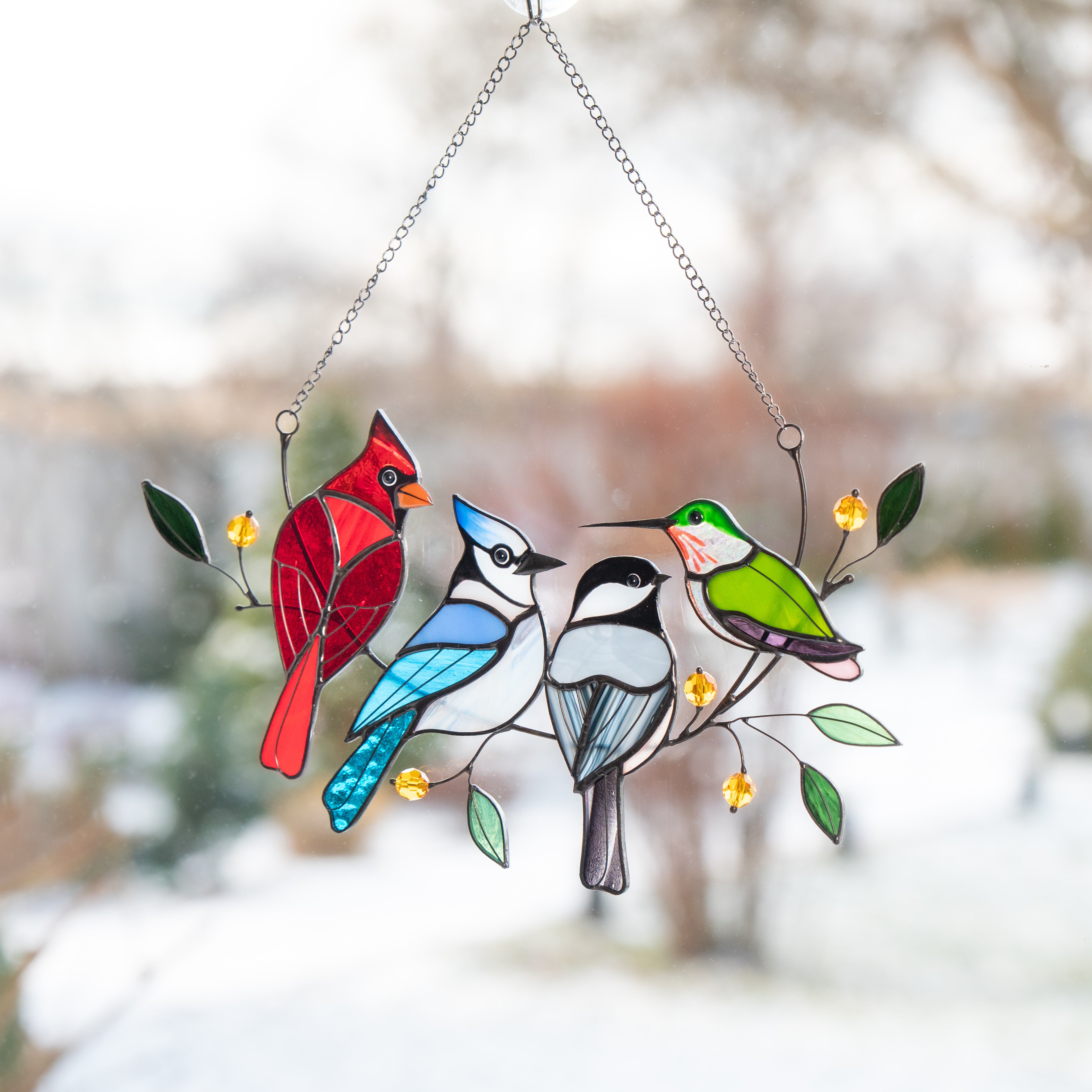 Four Birds on a Branch - Stained Glass Suncatcher
