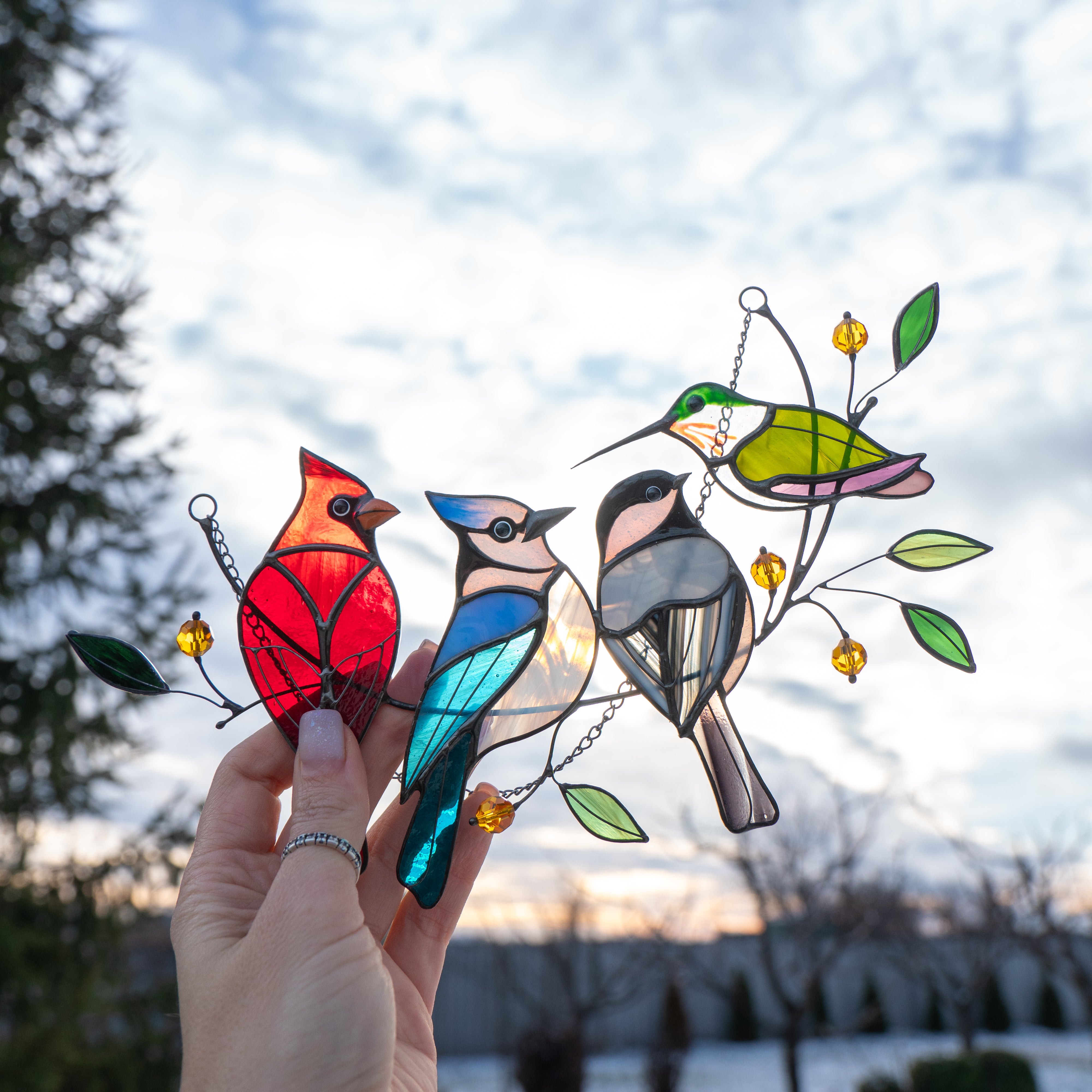Four Birds on a Branch - Stained Glass Suncatcher