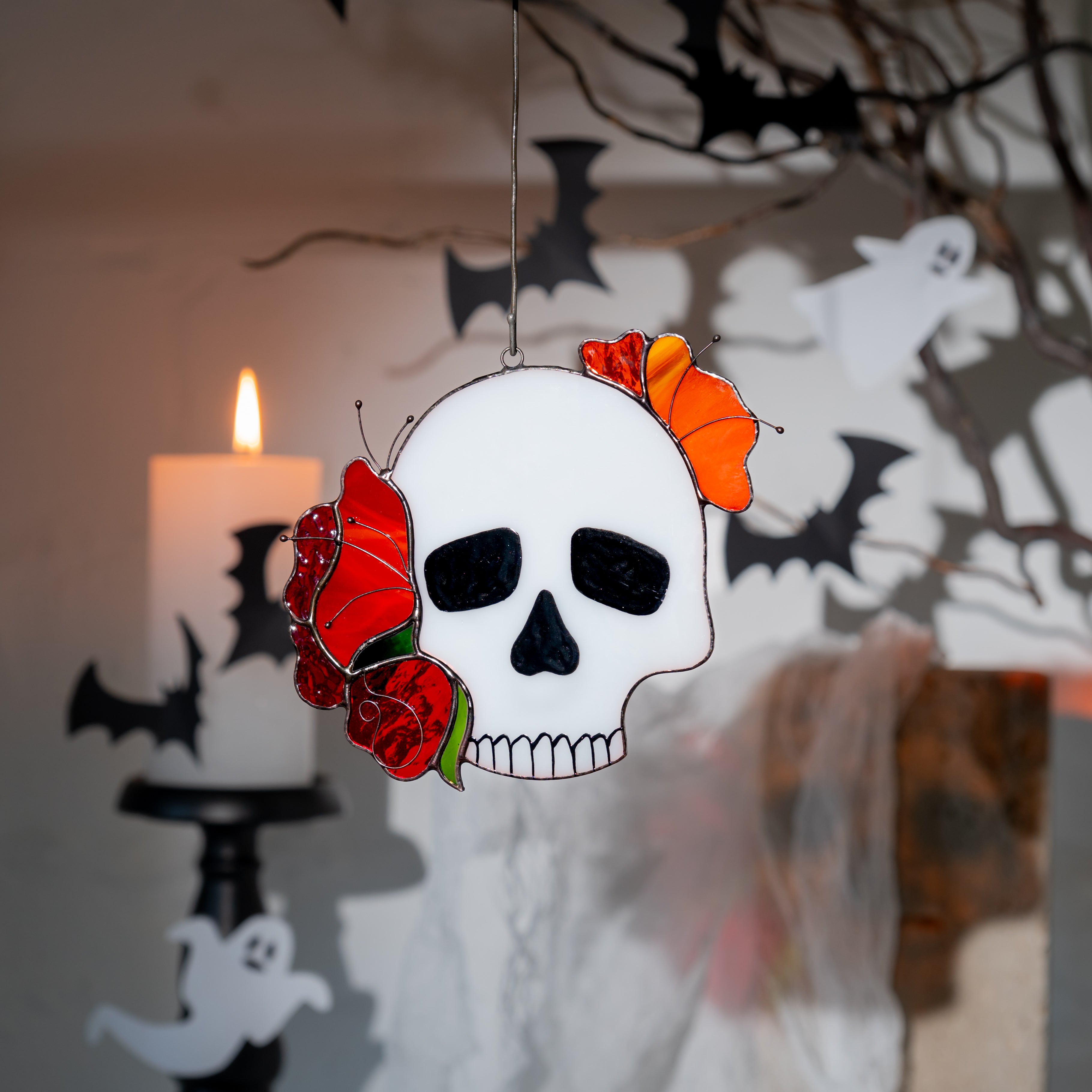 stained glass human skull window hanging