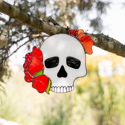 Halloween stained glass skull with roses suncatcher