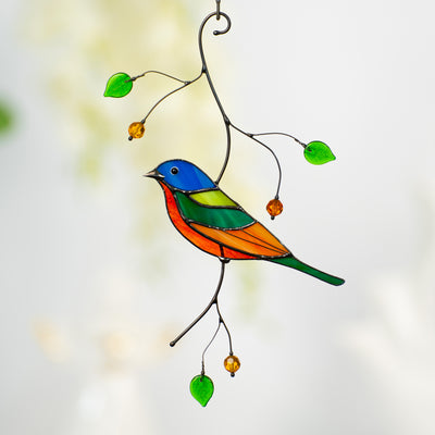Looking left stained glass painting bunting bird suncatcher