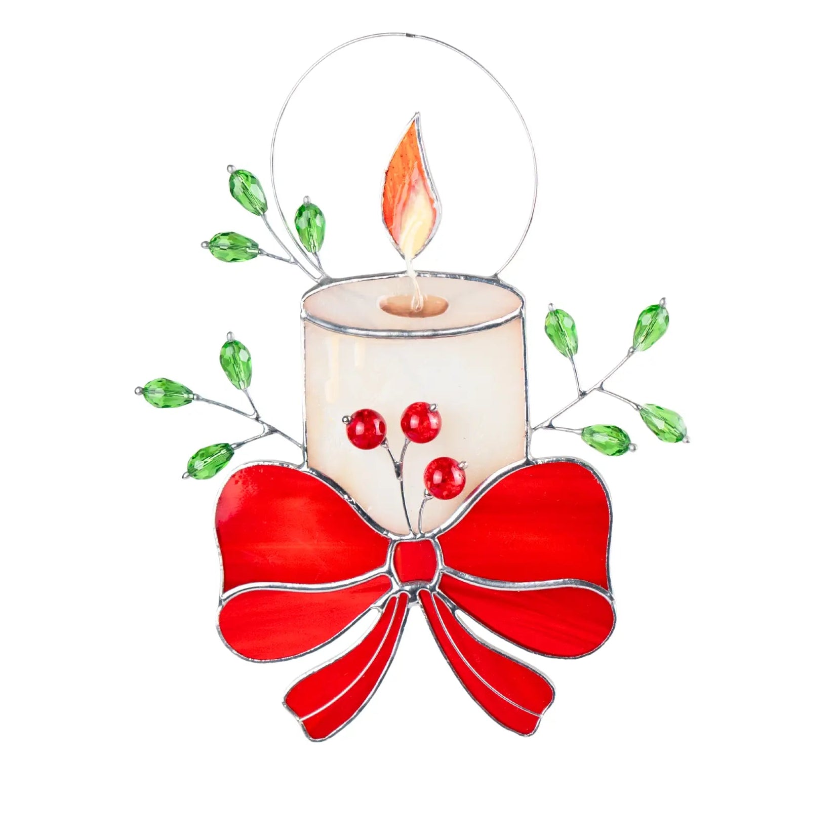 Stained glass suncatcher candle with a red bow and beads on a white background