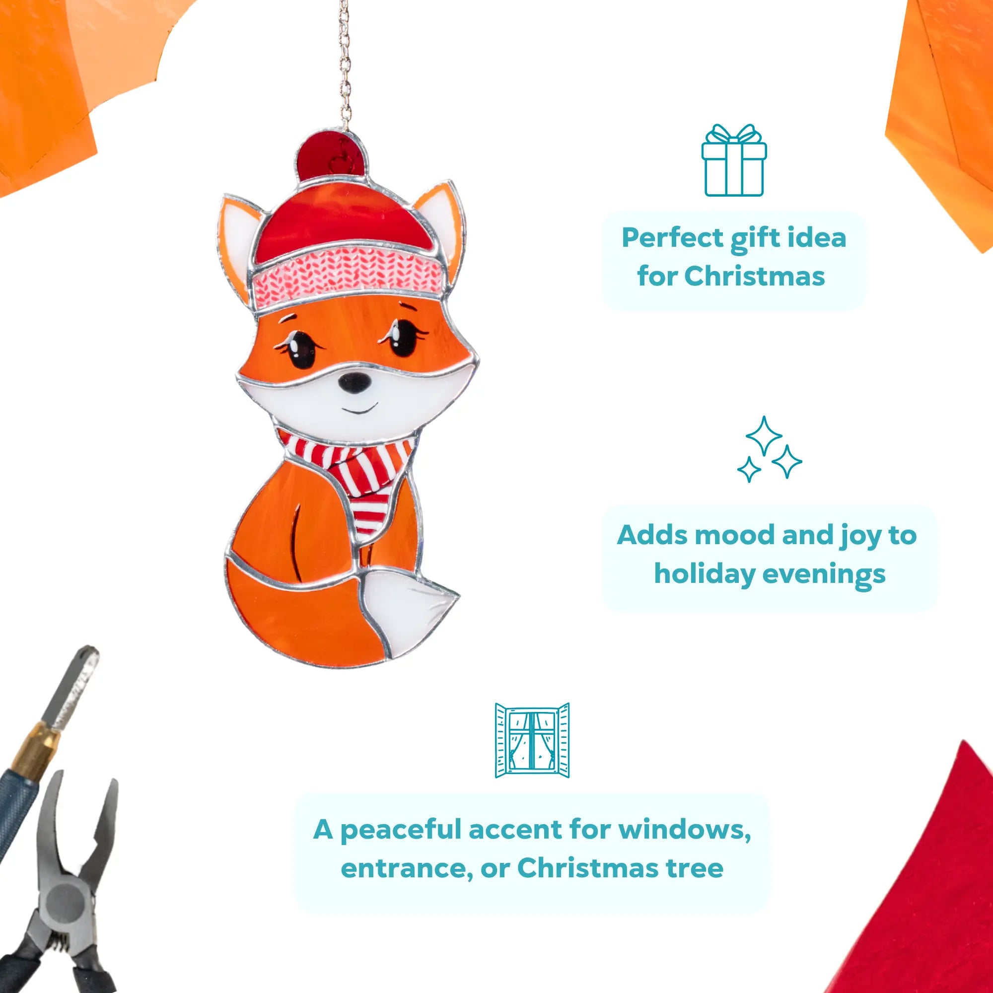 Stained glass fox ornament with a hat and scarf, perfect for Christmas, on a white background with text about its use.