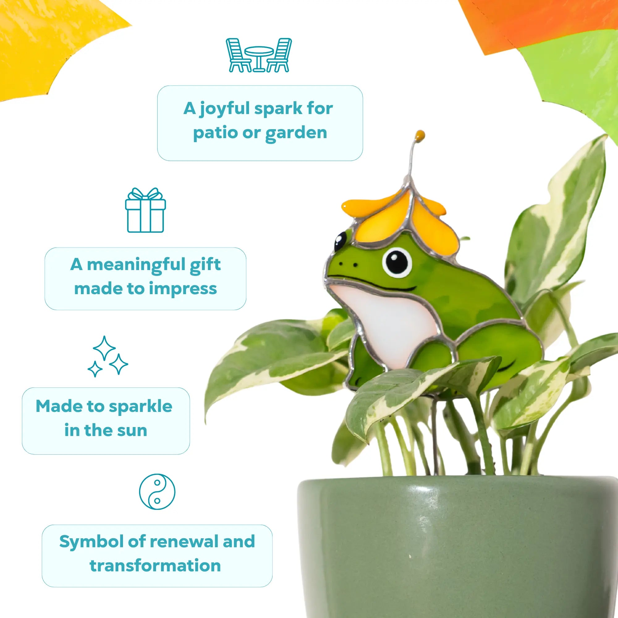 Stained glass frog with a yellow flower hat on a head, as a symbol of renewal gift