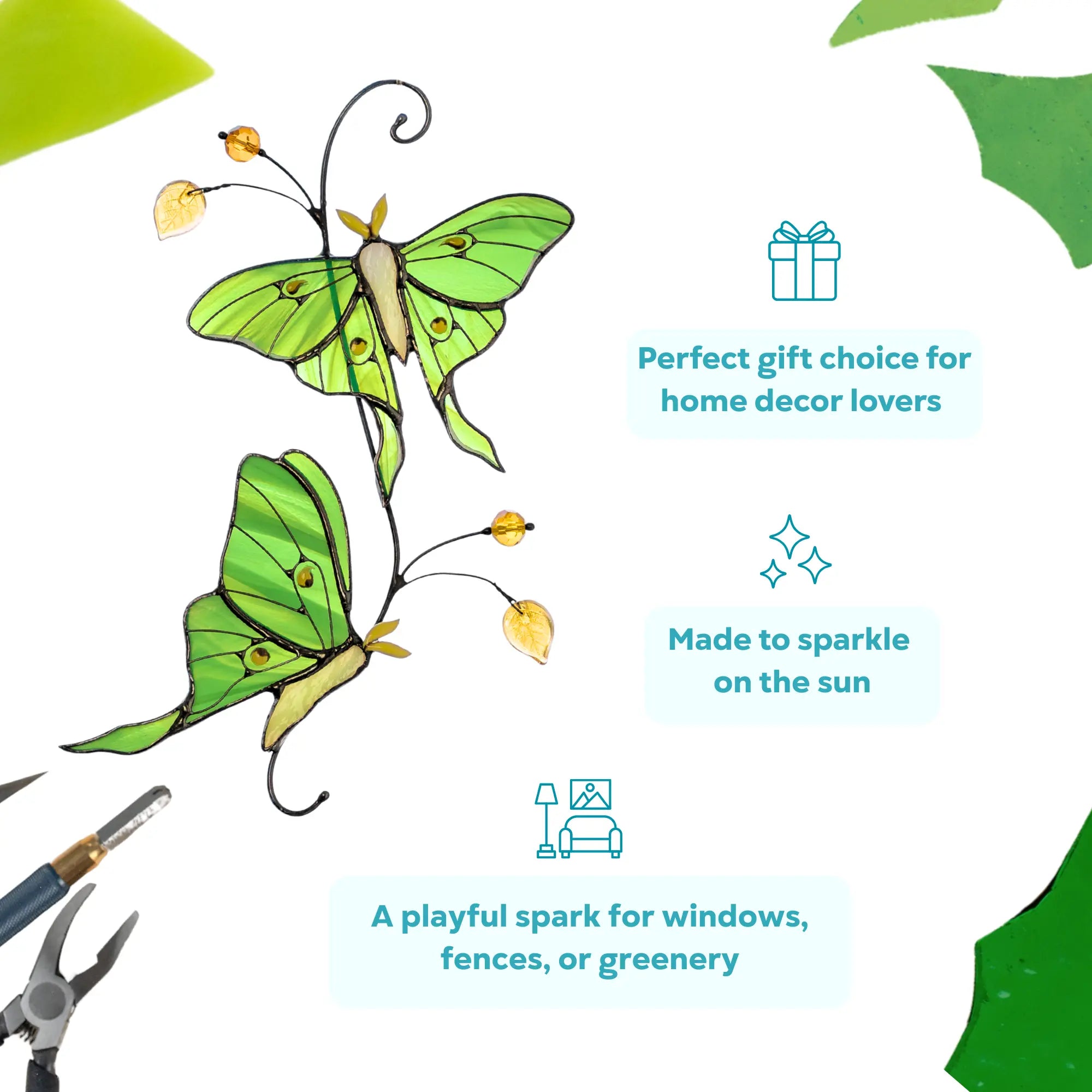 Stained glass suncatcher green luna moth butterflies as a perfect gift choice for home decor lovers.
