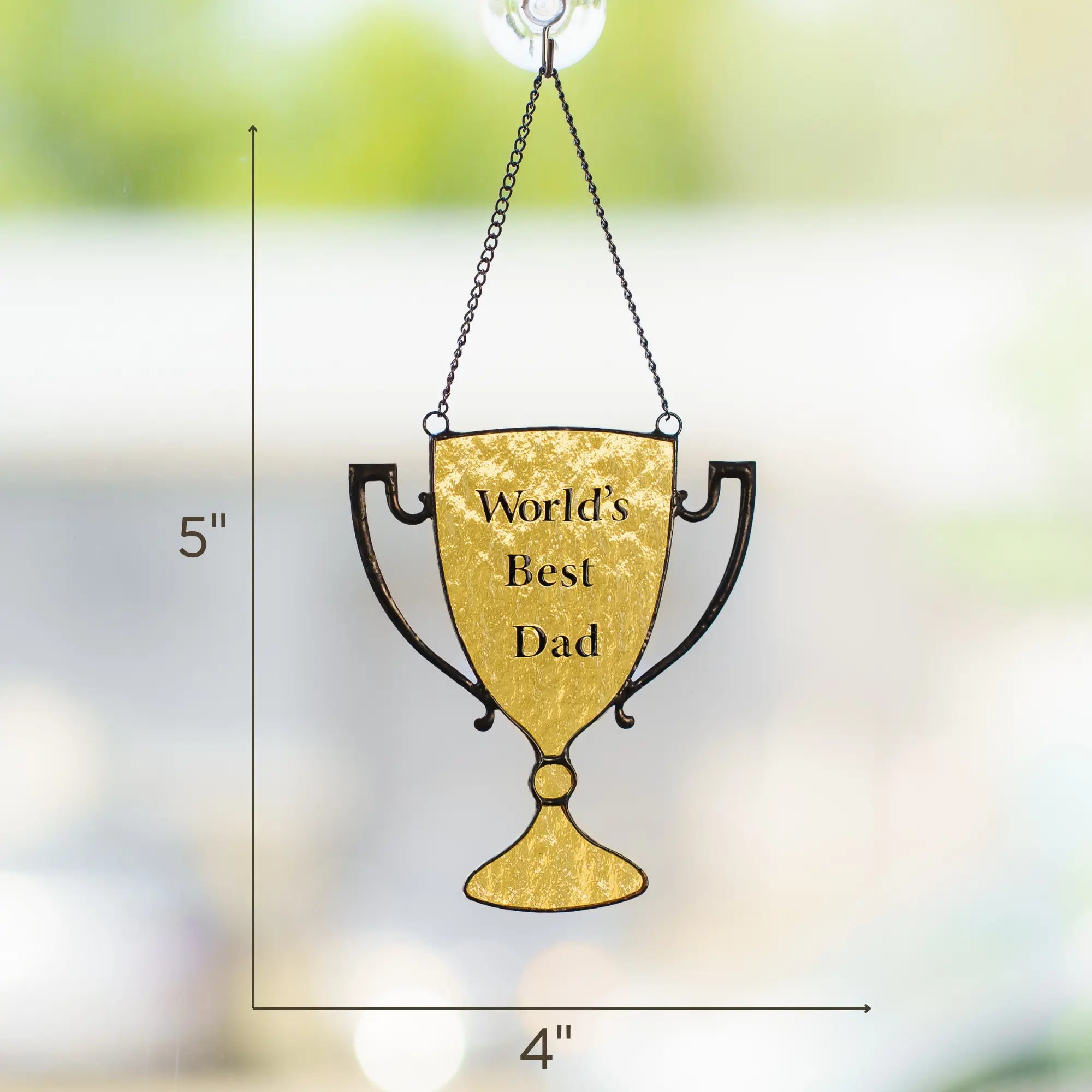 Decorative hanging sign with 'World's Best Dad' text on a blurred background with dimensions 4 x 5 inches