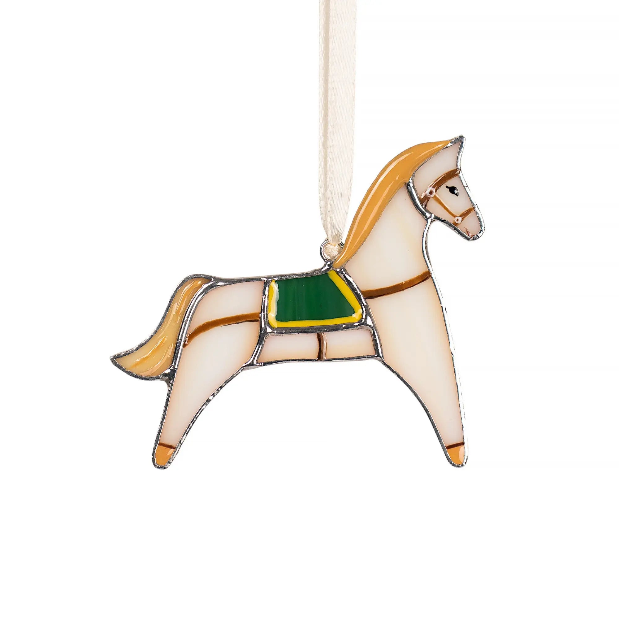 Beige stained glass horse ornament with a green saddle on a white background