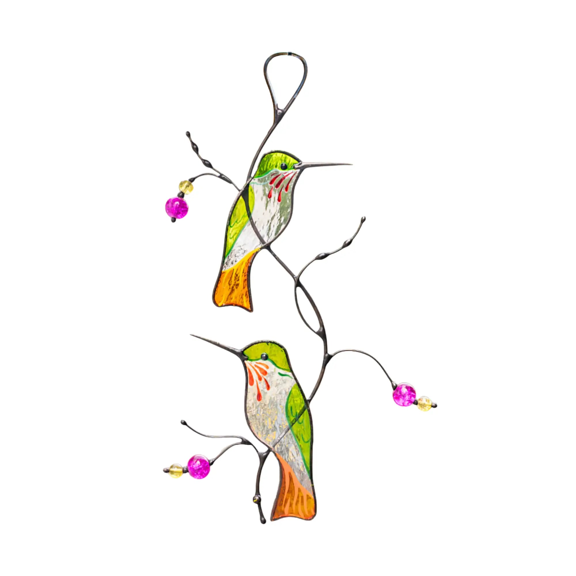 Stained glass hummingbird wall art with branches and pink flowers on a white background
