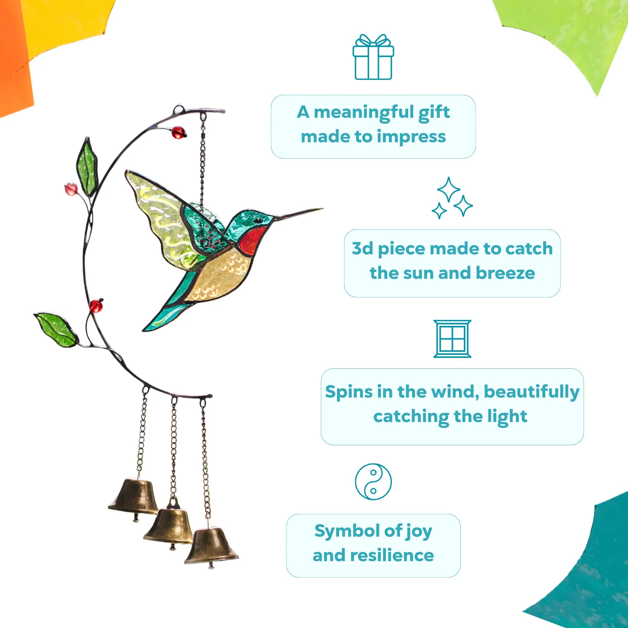 Stained glass hummingbird wind chime with bells as a symbol of joy