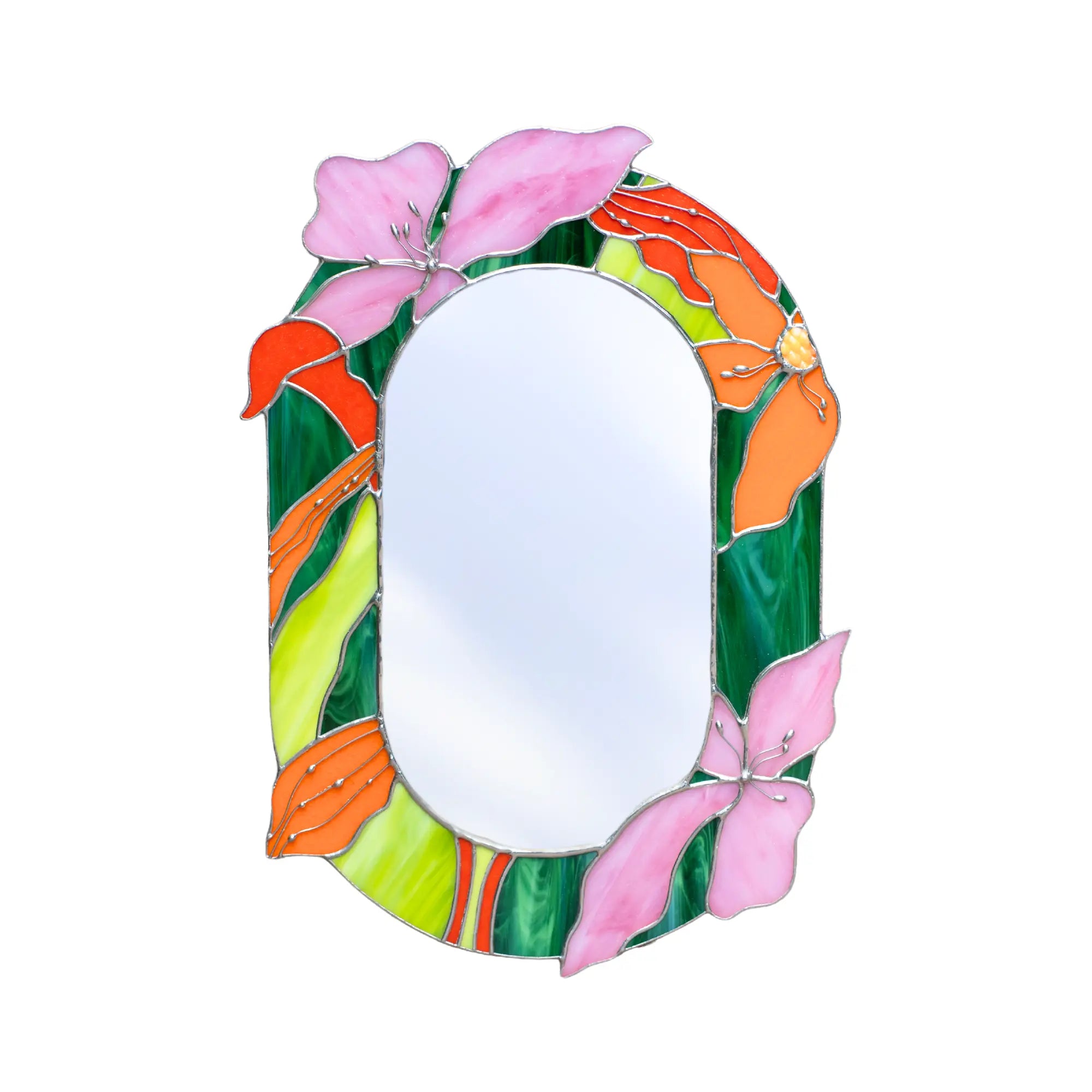 Stained glass mirror with floral and butterfly design on a white background
