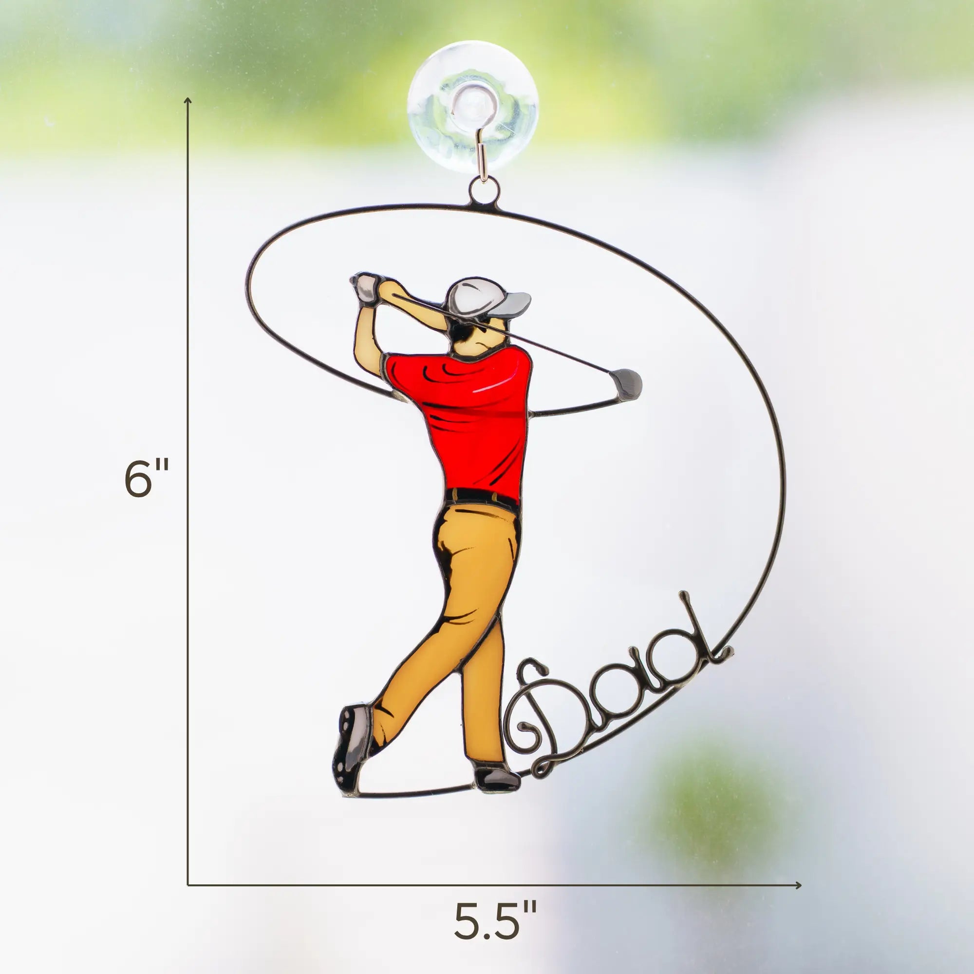 Stained glass ornament of a golfer in a golf swing with dimensions displayed 6 x 5.5 inches