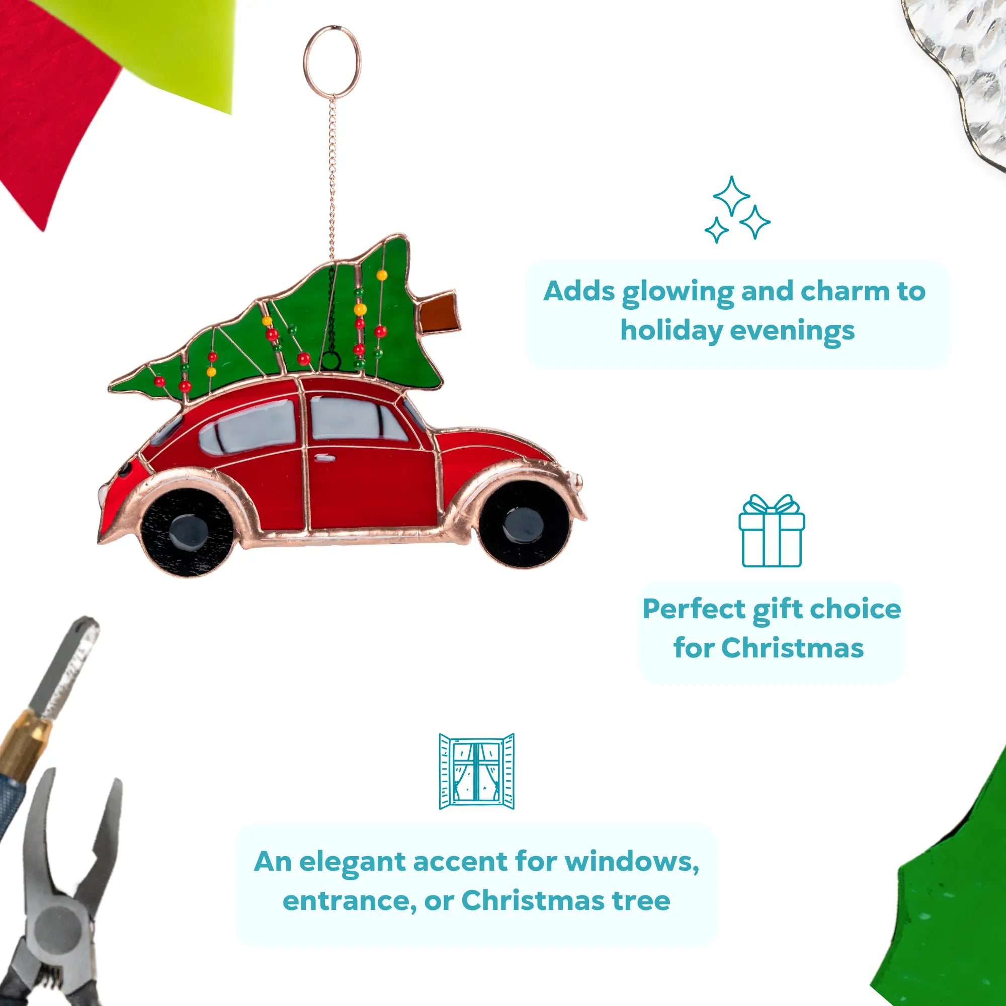 Stained glass ornament of a red car with a Christmas tree as a perfect gift choice for Christmas