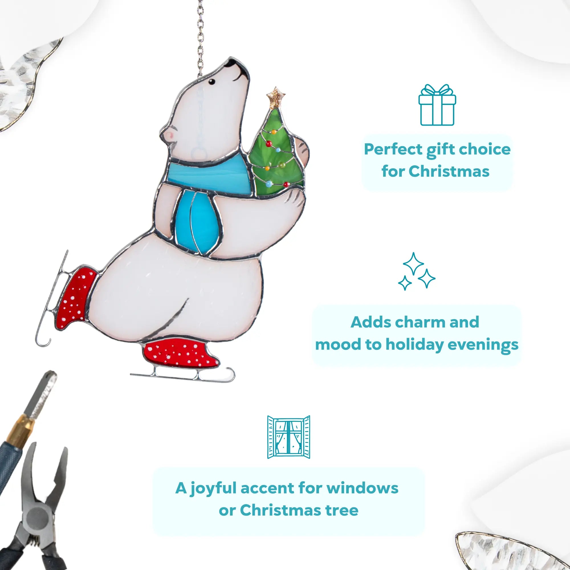 Decorative polar bear ornament with a Christmas tree in hands as a perfect Christmas gift