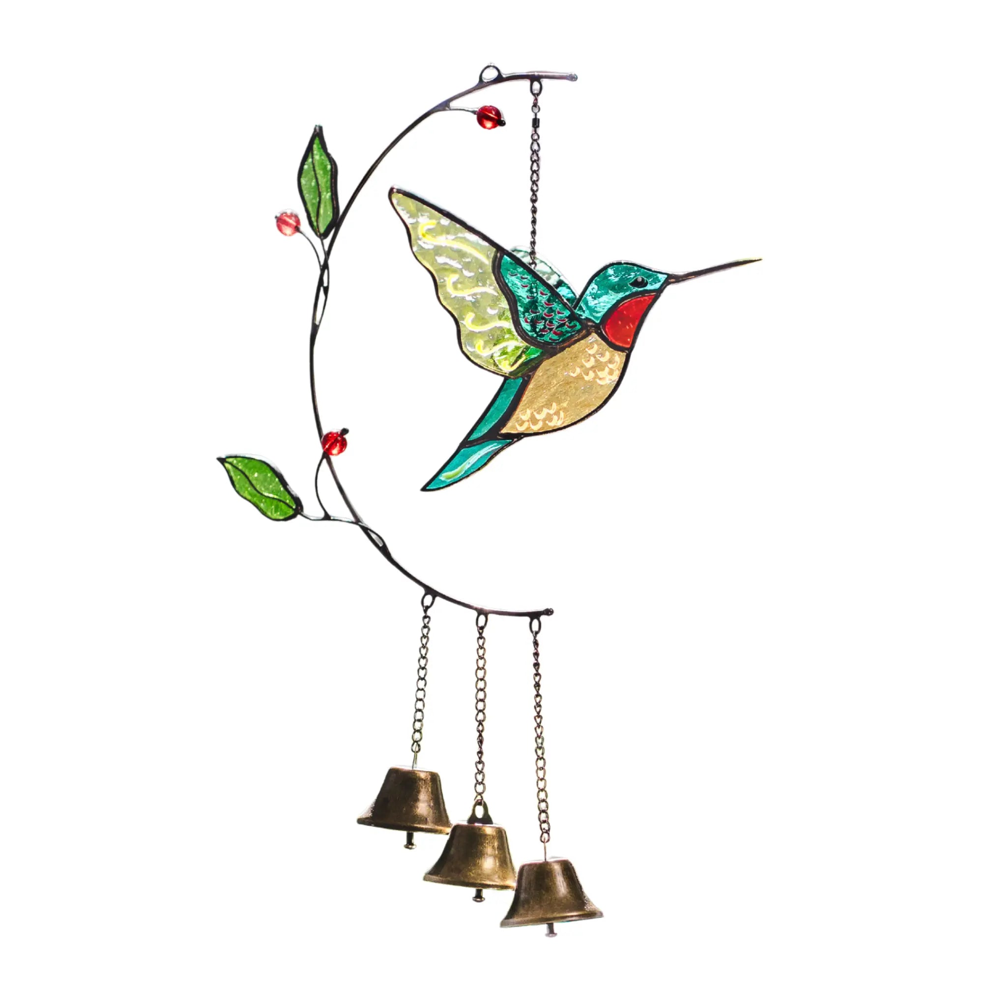 Decorative stained glass 3d hummingbird with bells on a white background