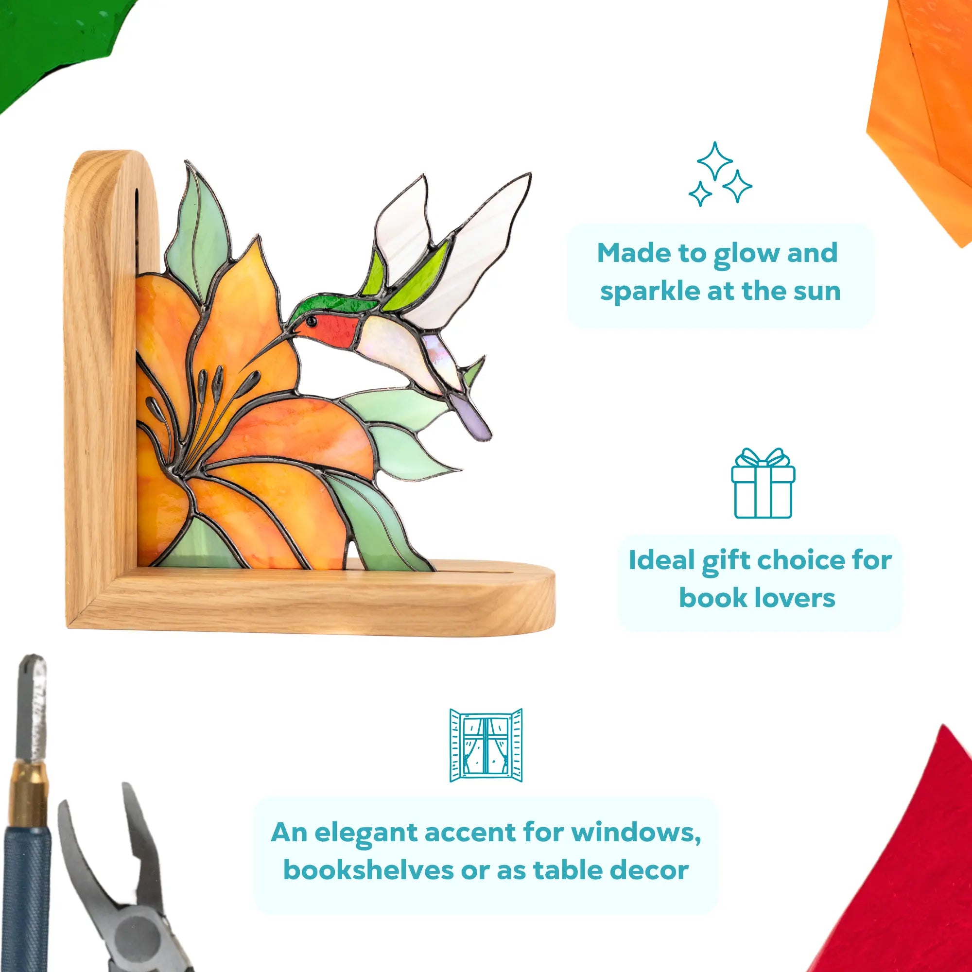 Stained glass panel with a hummingbird and flower design, as an ideal gift choice for book lovers