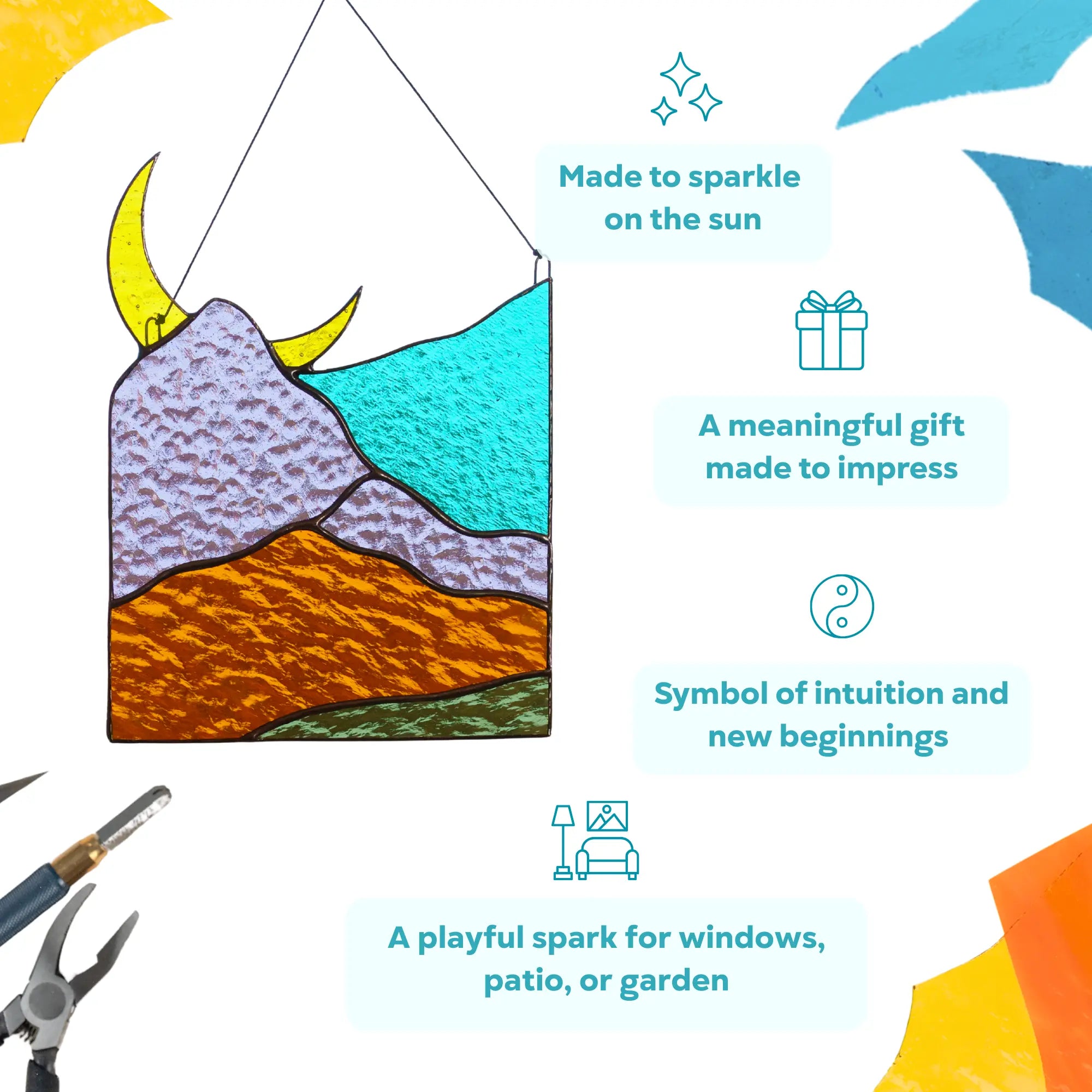 Decorative stained glass panel with mountain and moon design, as a meaningful gift to impress