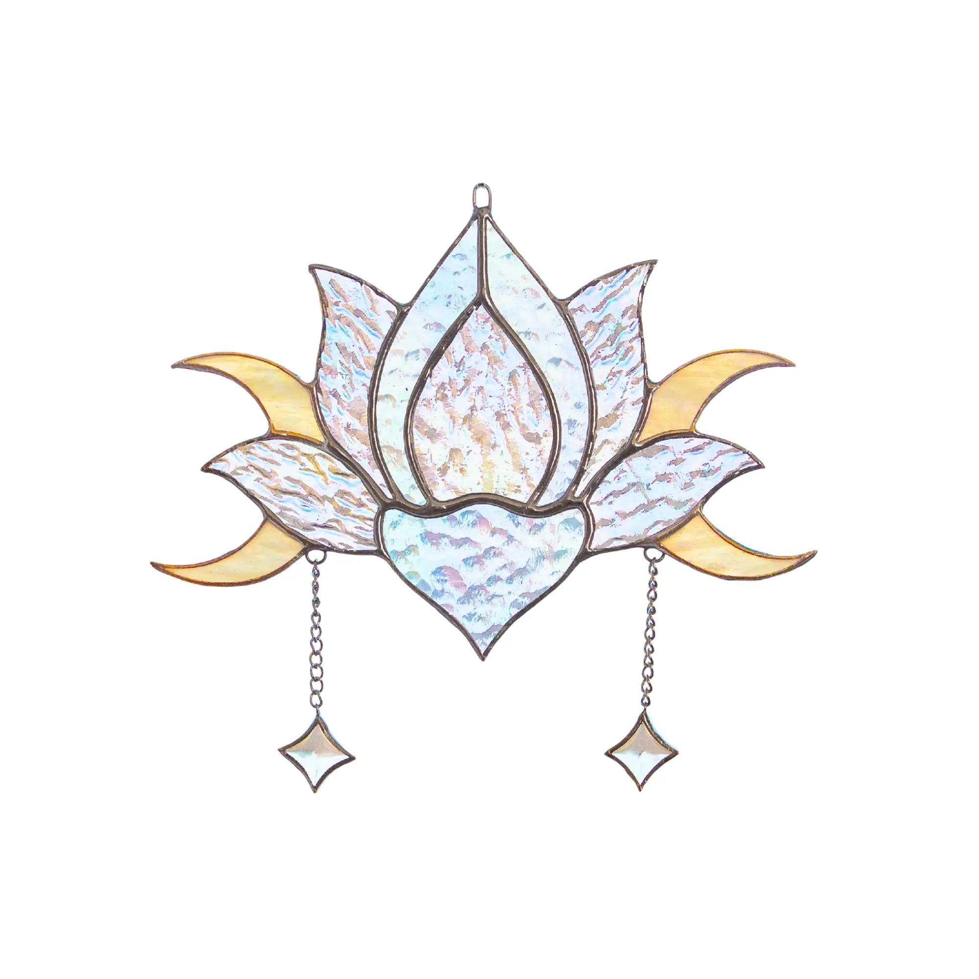 Stained glass suncatcher with lotus flower design on a white background