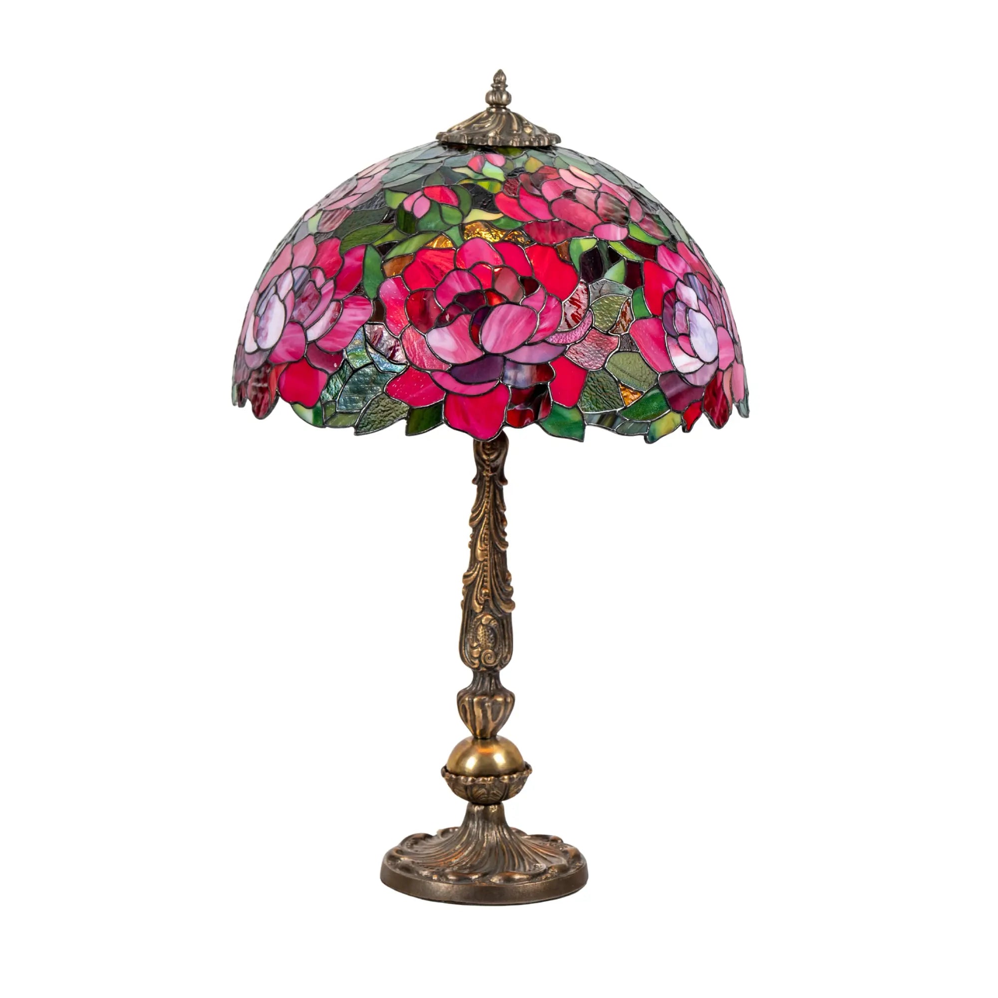 Decorative table lamp with peony pink stained glass design on a white background