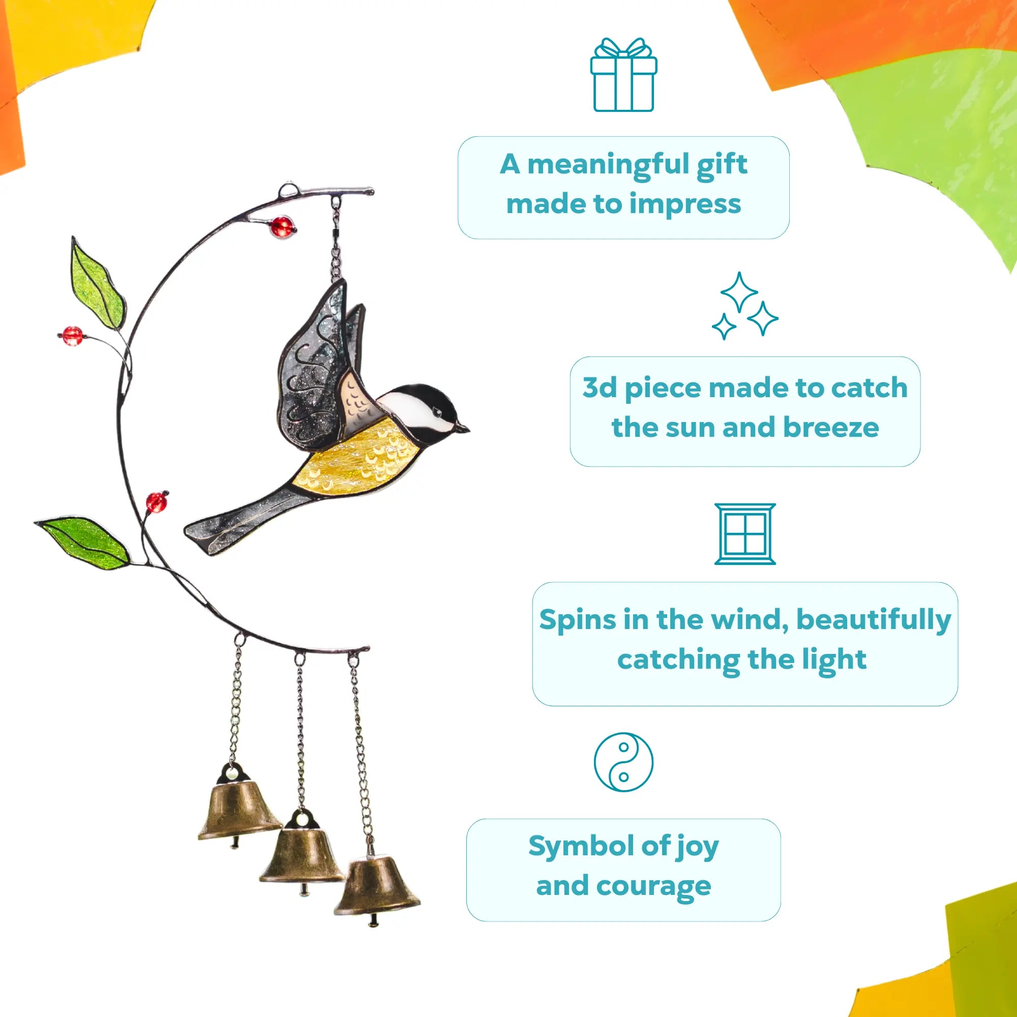 Stained glass chickadee wind chime with bird design as a meaningful gift