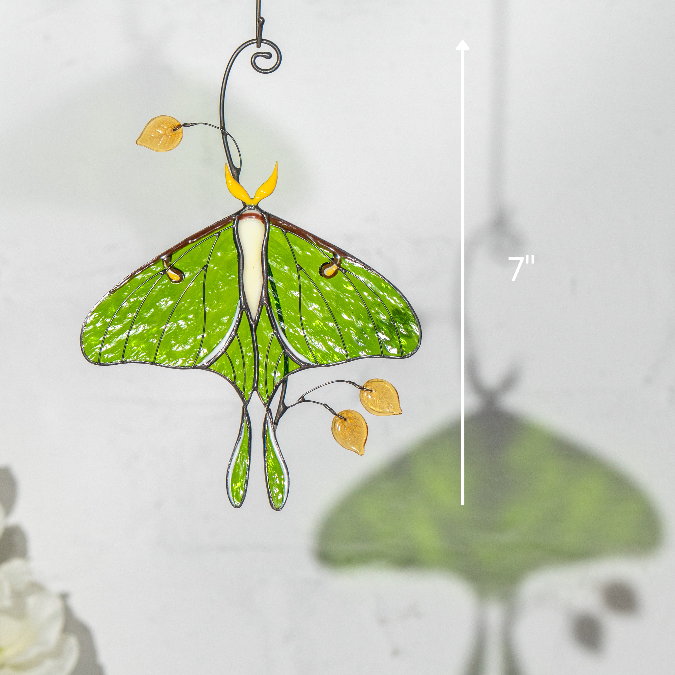 Luna moth suncatcher with size guide showing 7 inches in height.