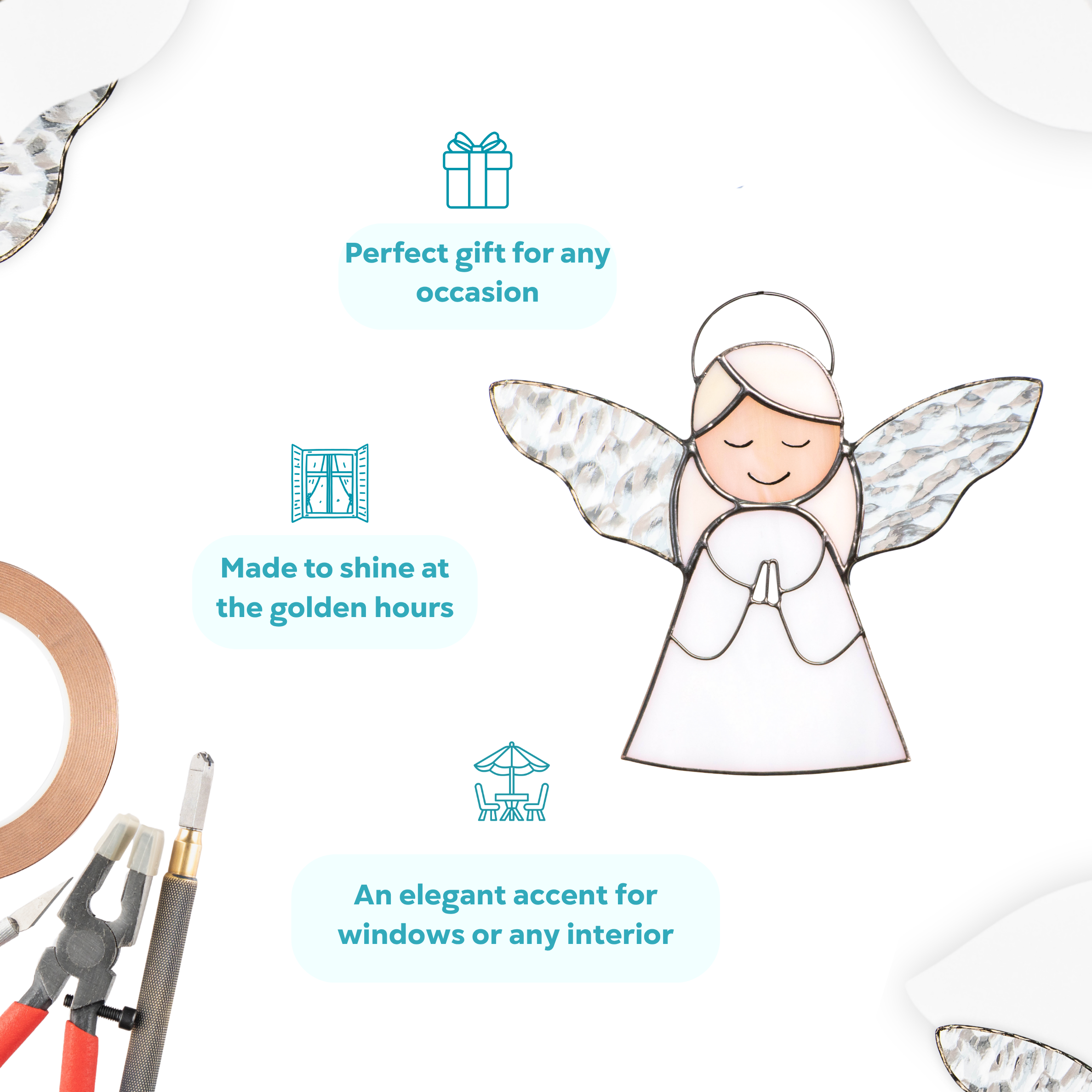 Angel suncatcher displayed with gift icons and care tools, emphasizing its glow and versatile use.