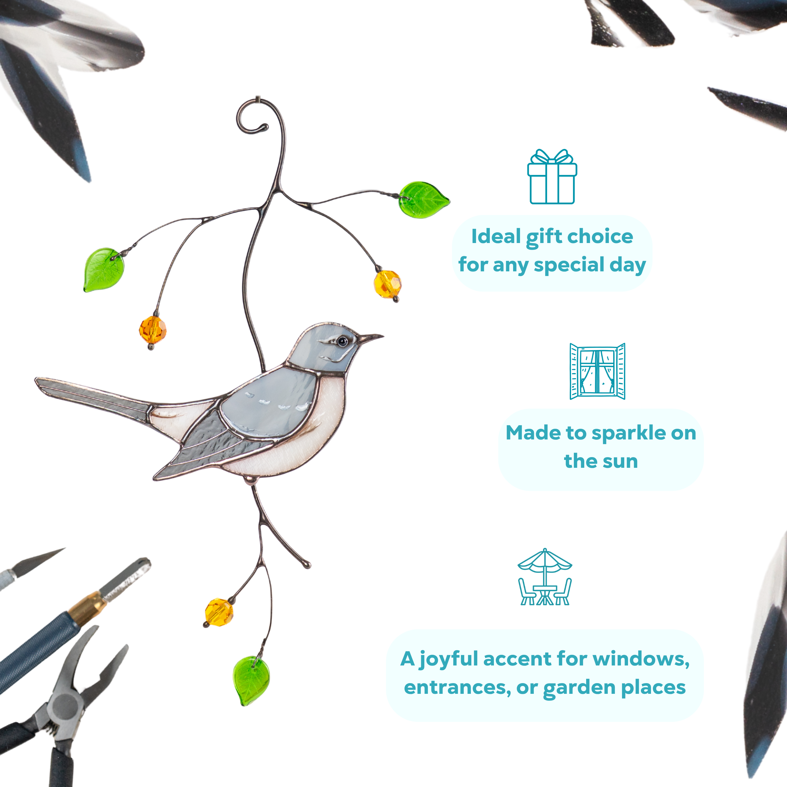 Light gray stained glass mockingbird on decorative branch with glass beads and leaves is a perfect gift for any special day.