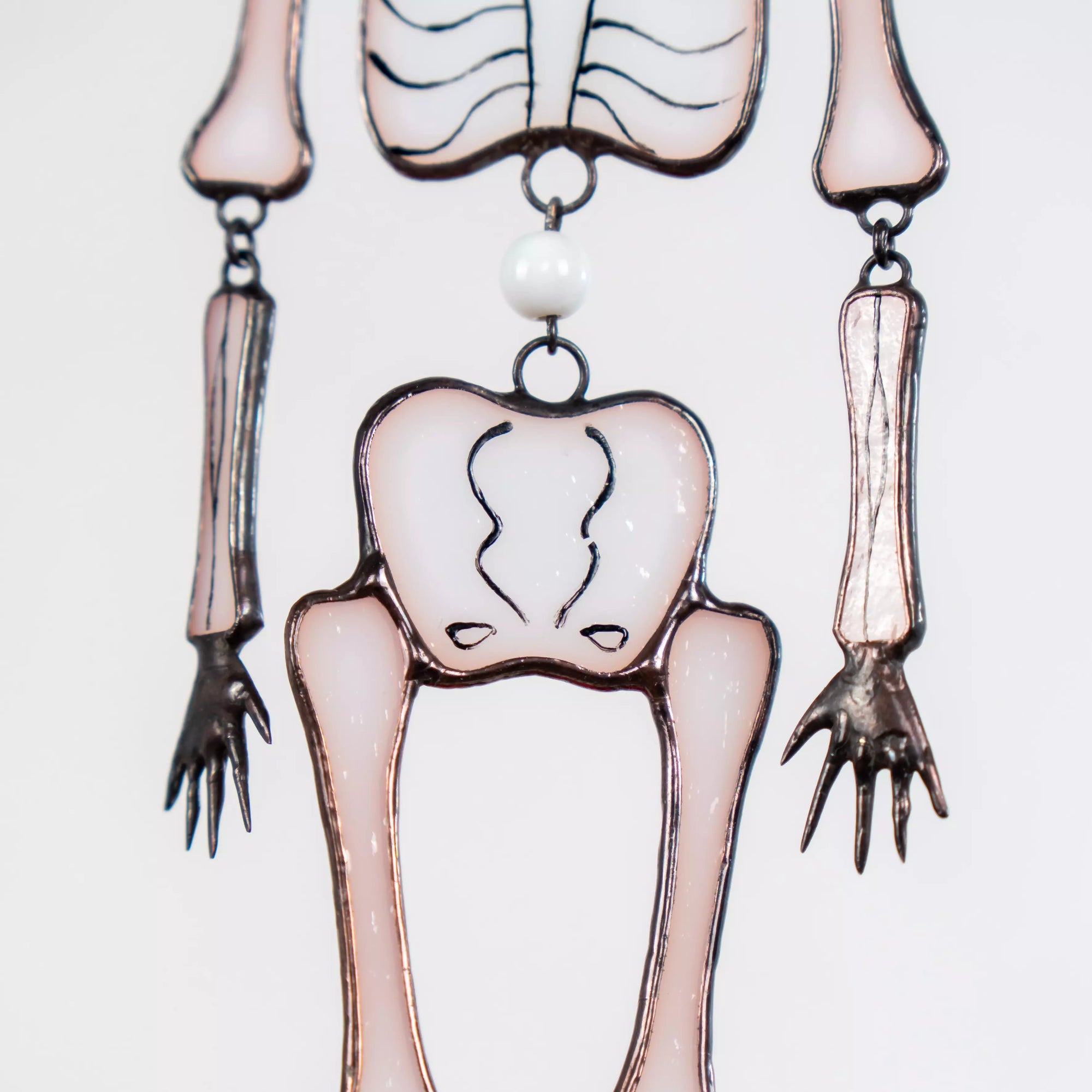 Close shot of pelvic bones and skeletal hands in glass suncatcher