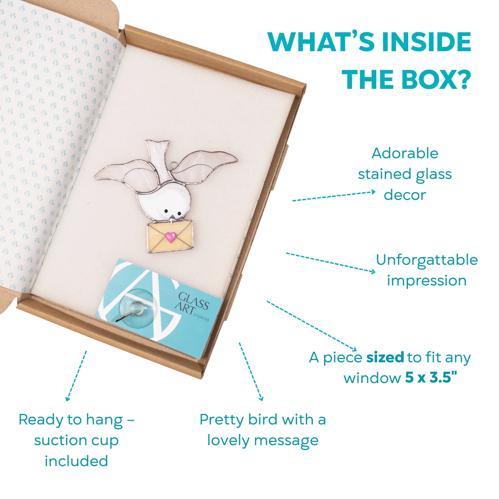 Infographic displaying what’s inside the box: dove stained glass suncatcher, suction cup included, ready to hang.