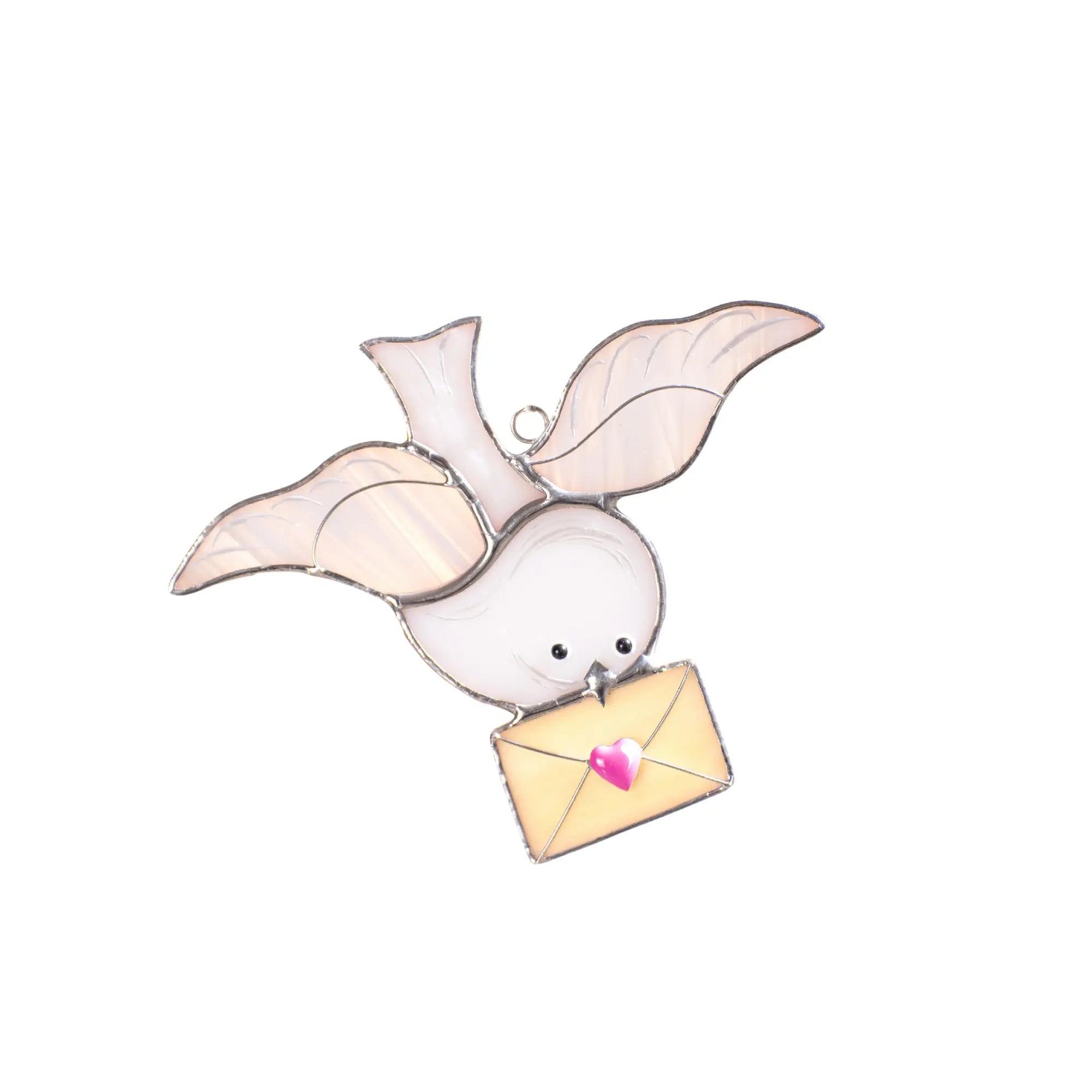 Handmade dove stained glass suncatcher featuring a white glass bird holding a love letter with a pink heart seal.