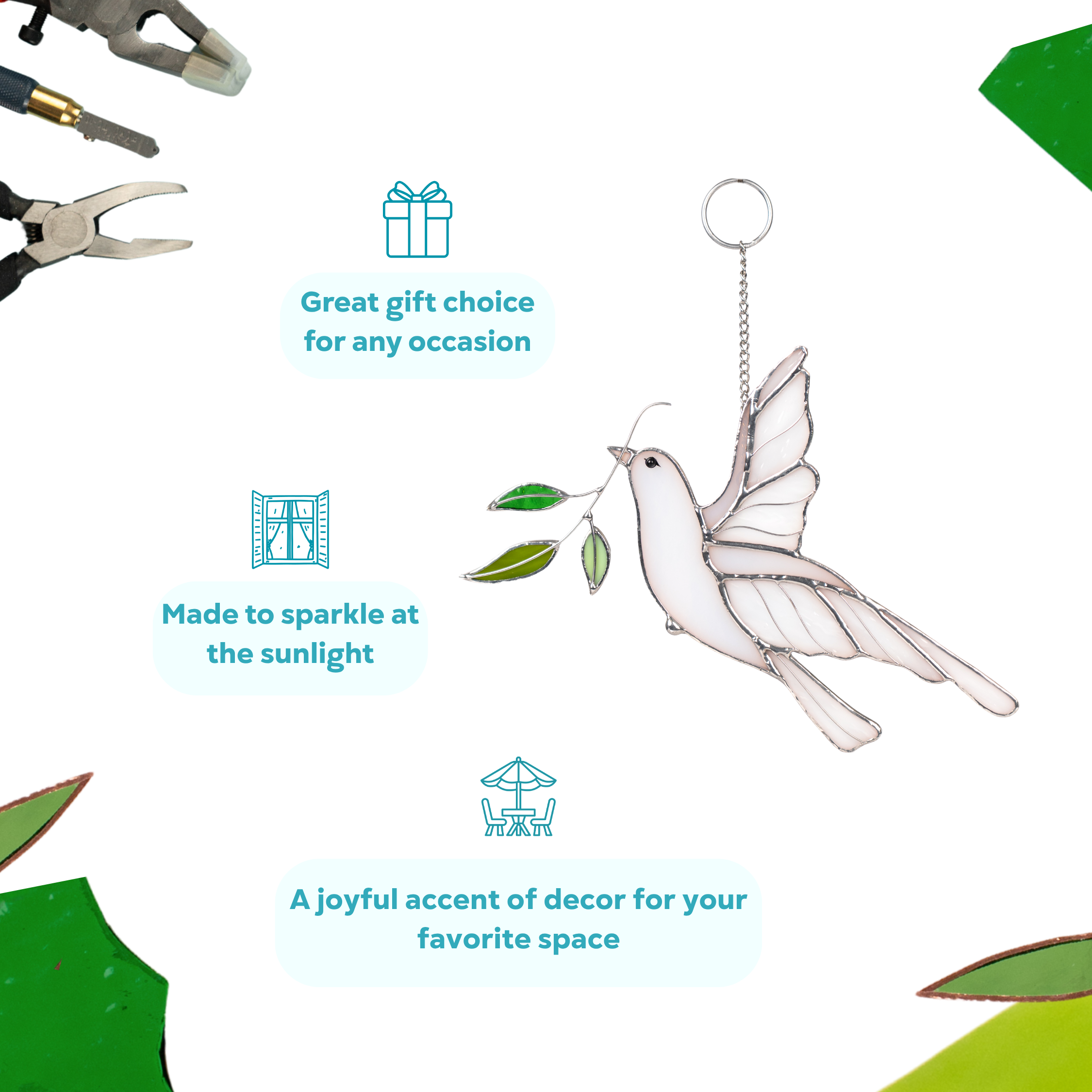 Infographic with dove suncatcher, featuring it as a great gift choice