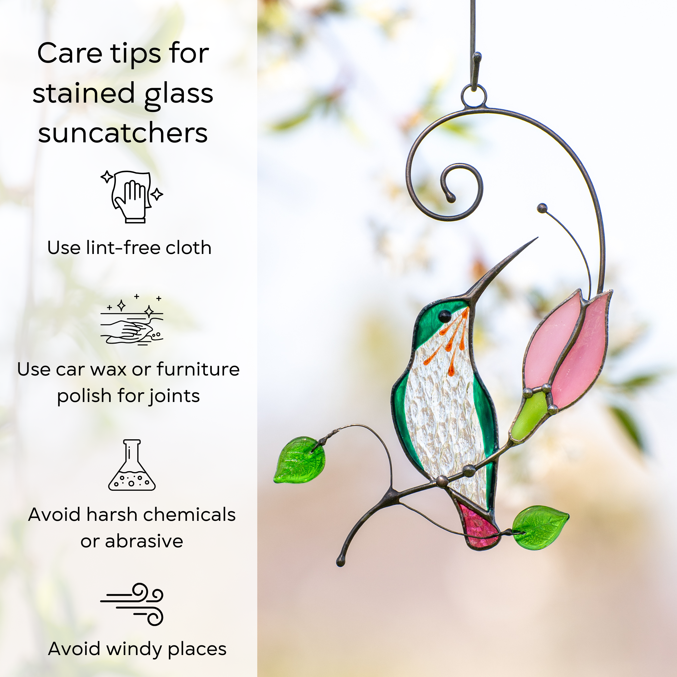 Emerald hummingbird with pink tail hanging with care tips beside: use lint-free cloth, polish joints with car wax or furniture polish, avoid harsh chemicals, and windy places.