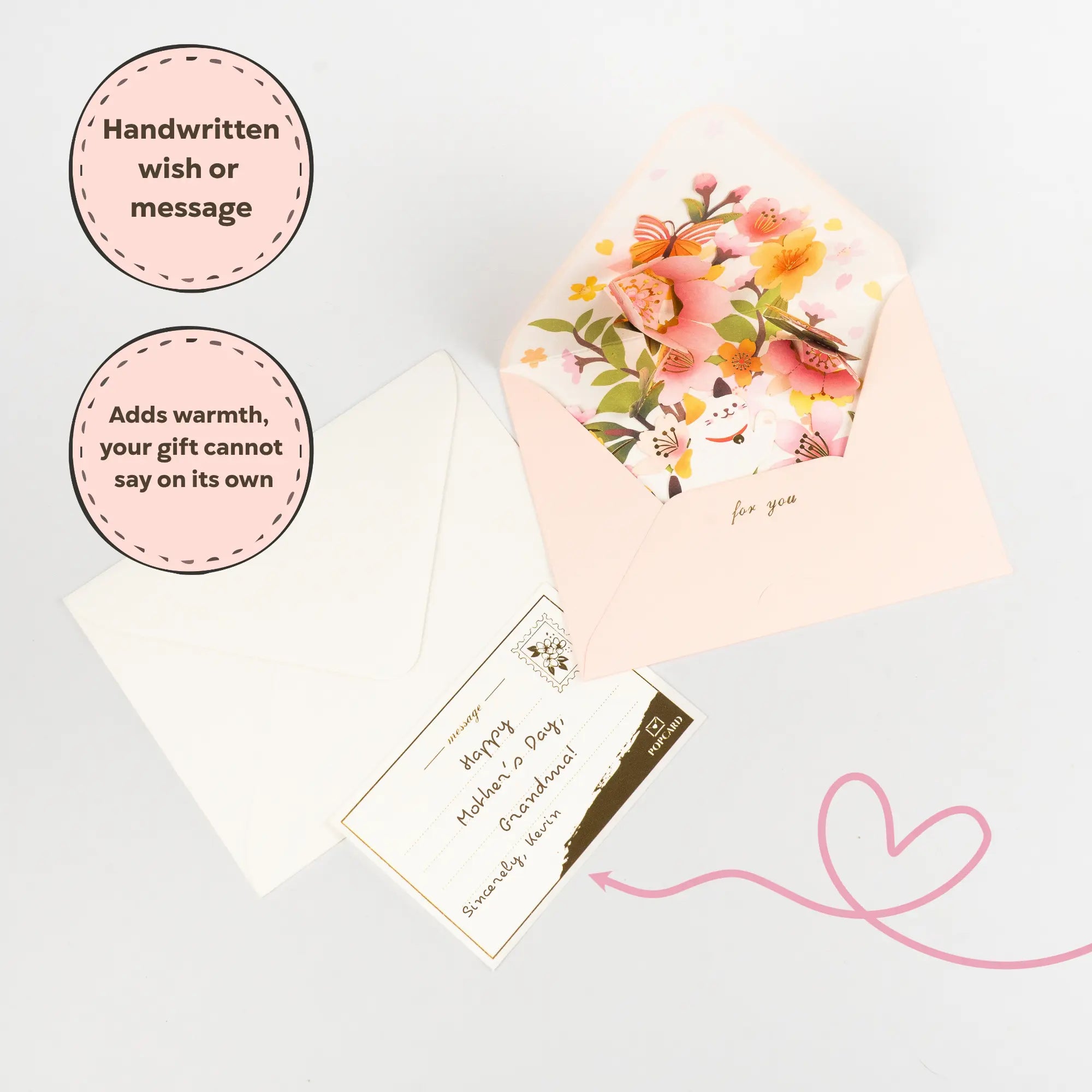 Floral 3d card with a pink envelope and a greeting card on a light gray background