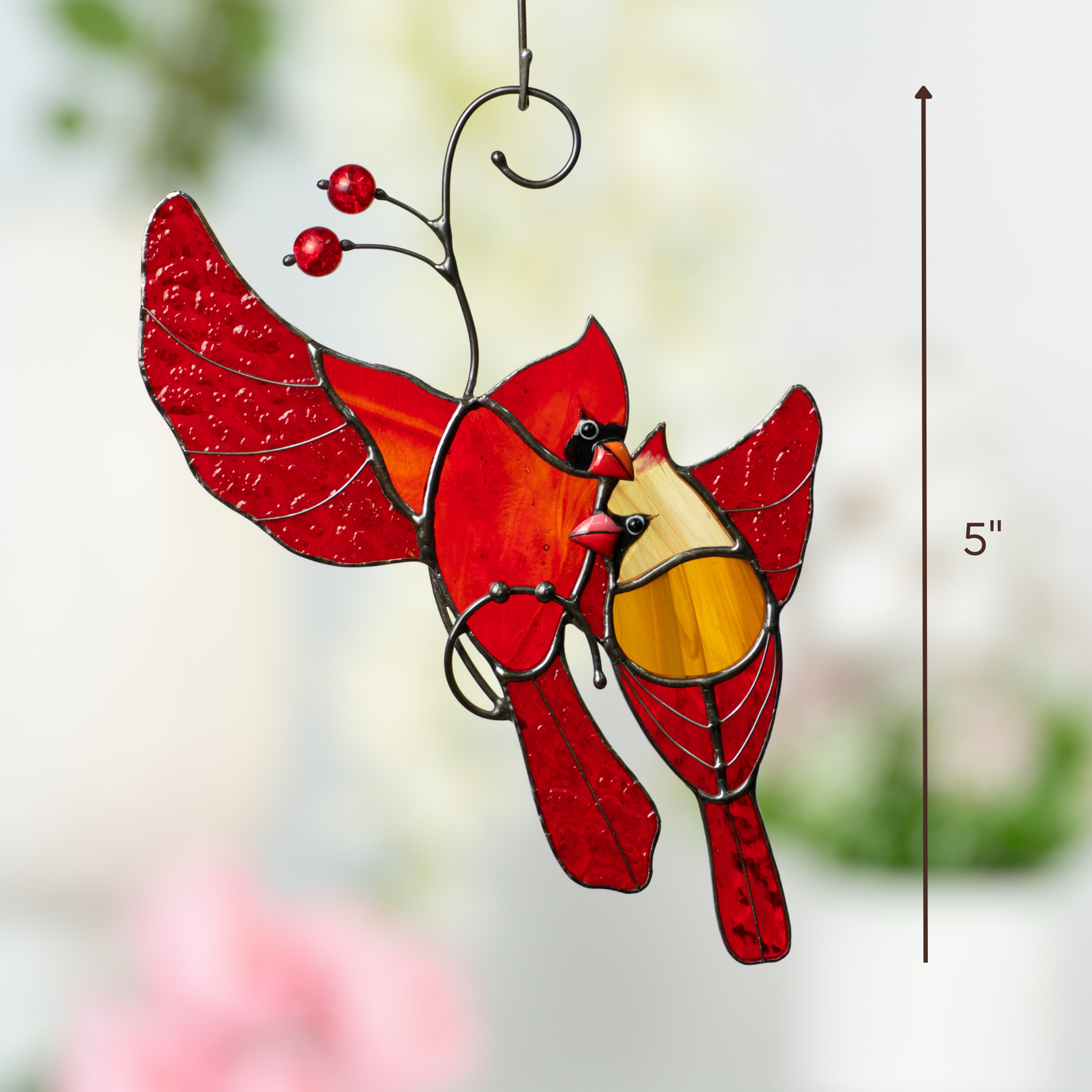 Two stained glass cardinals with red beads and wings spread, hanging decor with vertical 5" size marking
